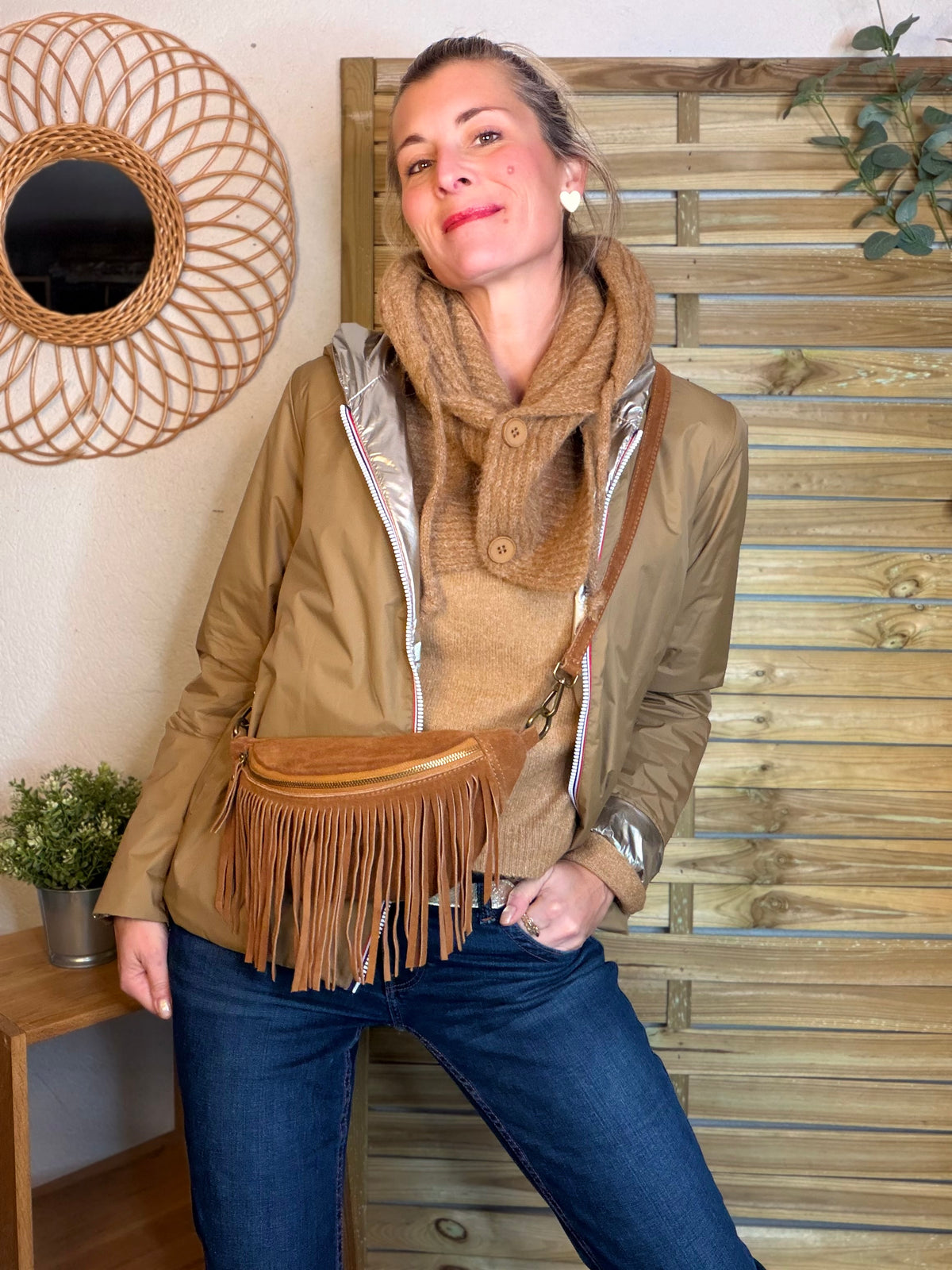 Col cagoule LORIE en maille avec boutons - Camel