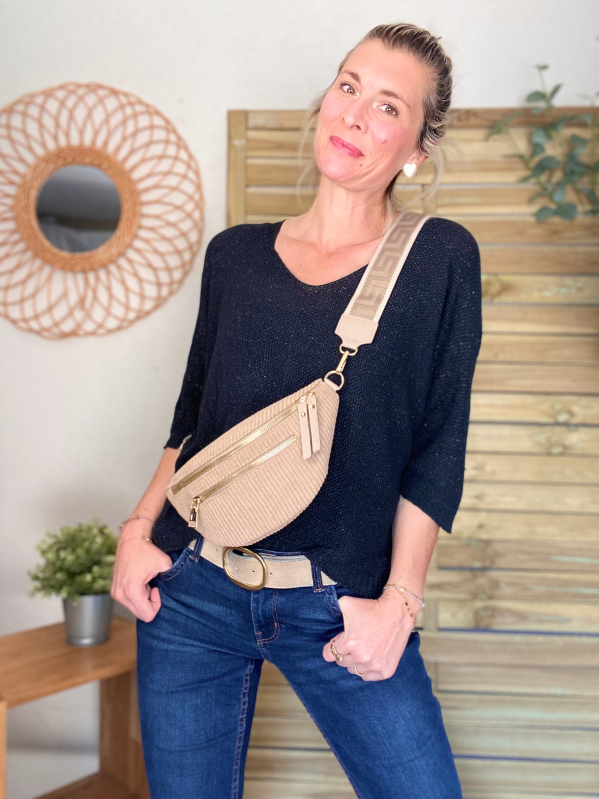 Sac banane en velours côtelé 2 zips et sangle fantaisie - CHARLY - Beige taupe (côtelé large)