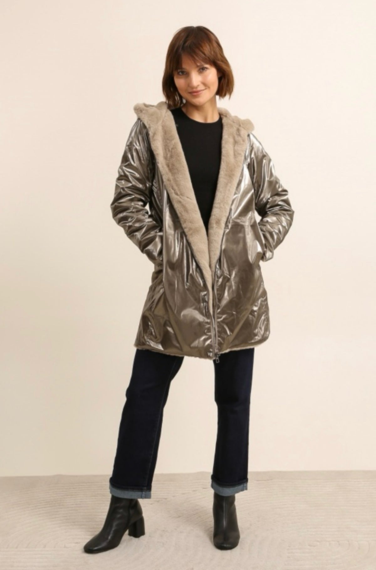 LAURA JO - Parka Imperméable réversible fourrée Bronze / Beige ALIX Long