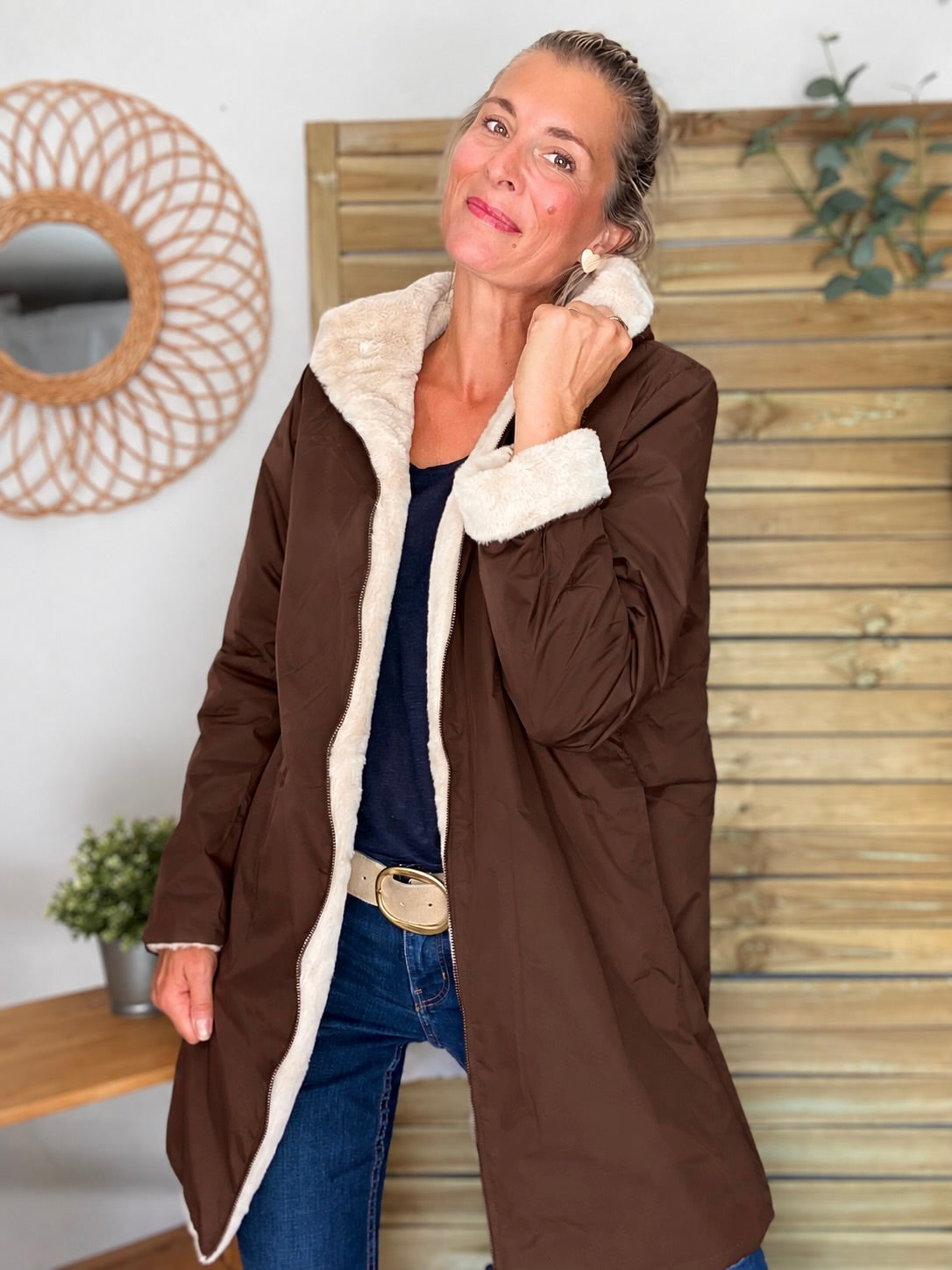 LAURA JO - Parka Imperméable réversible fourrée Chocolat ALIX Long