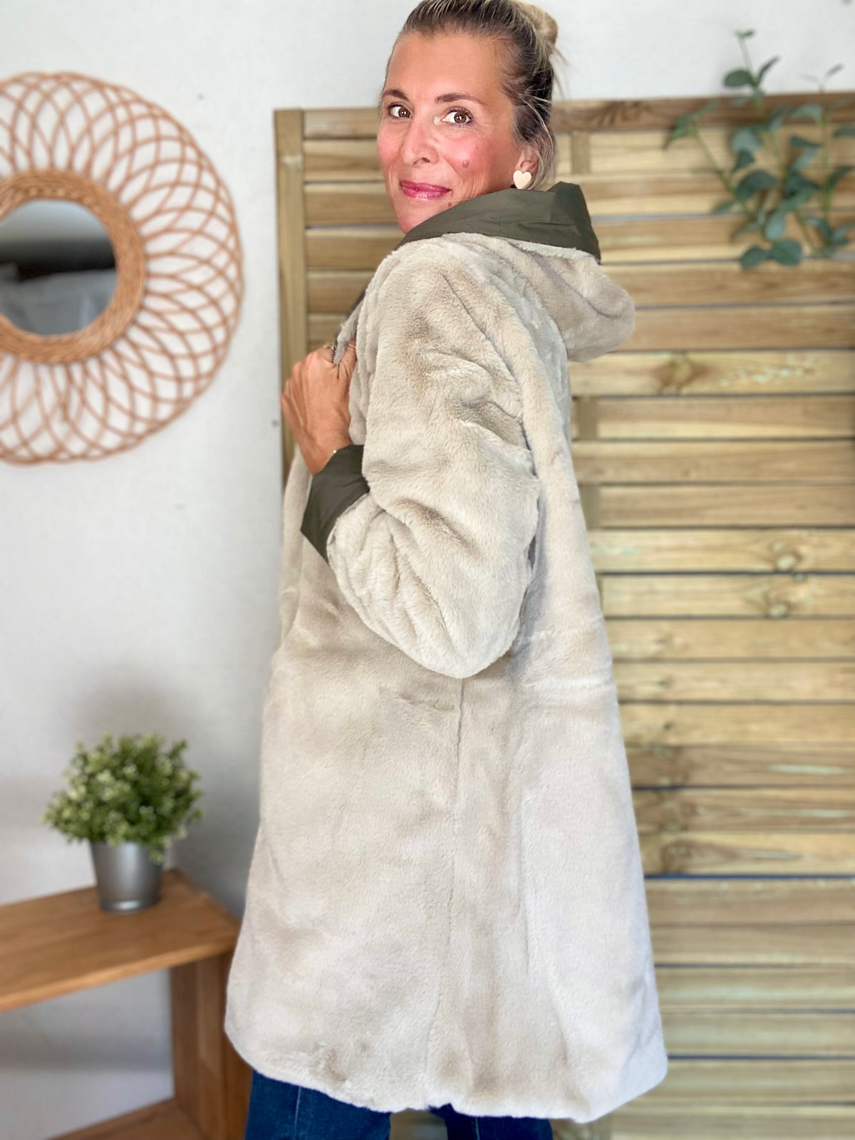 LAURA JO - Parka Imperméable réversible fourrée Kaki / Beige ALIX Long