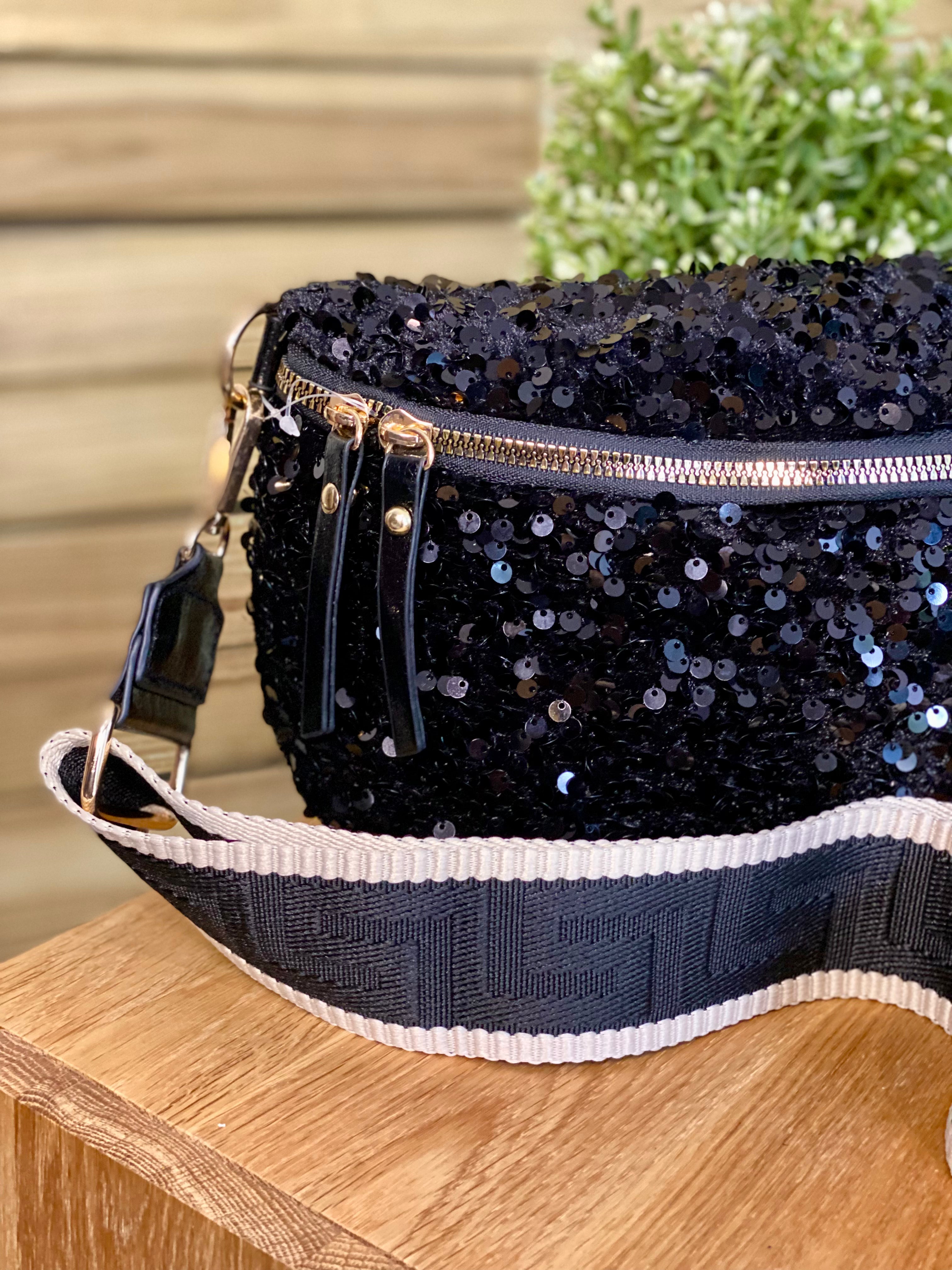 Sac banane L à sequins 30cm et sangle fantaisie - ROXY - Noir