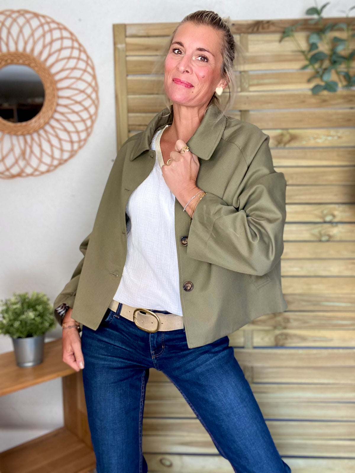 Veste Trench en coton, revers carreaux - YSEULT court Kaki