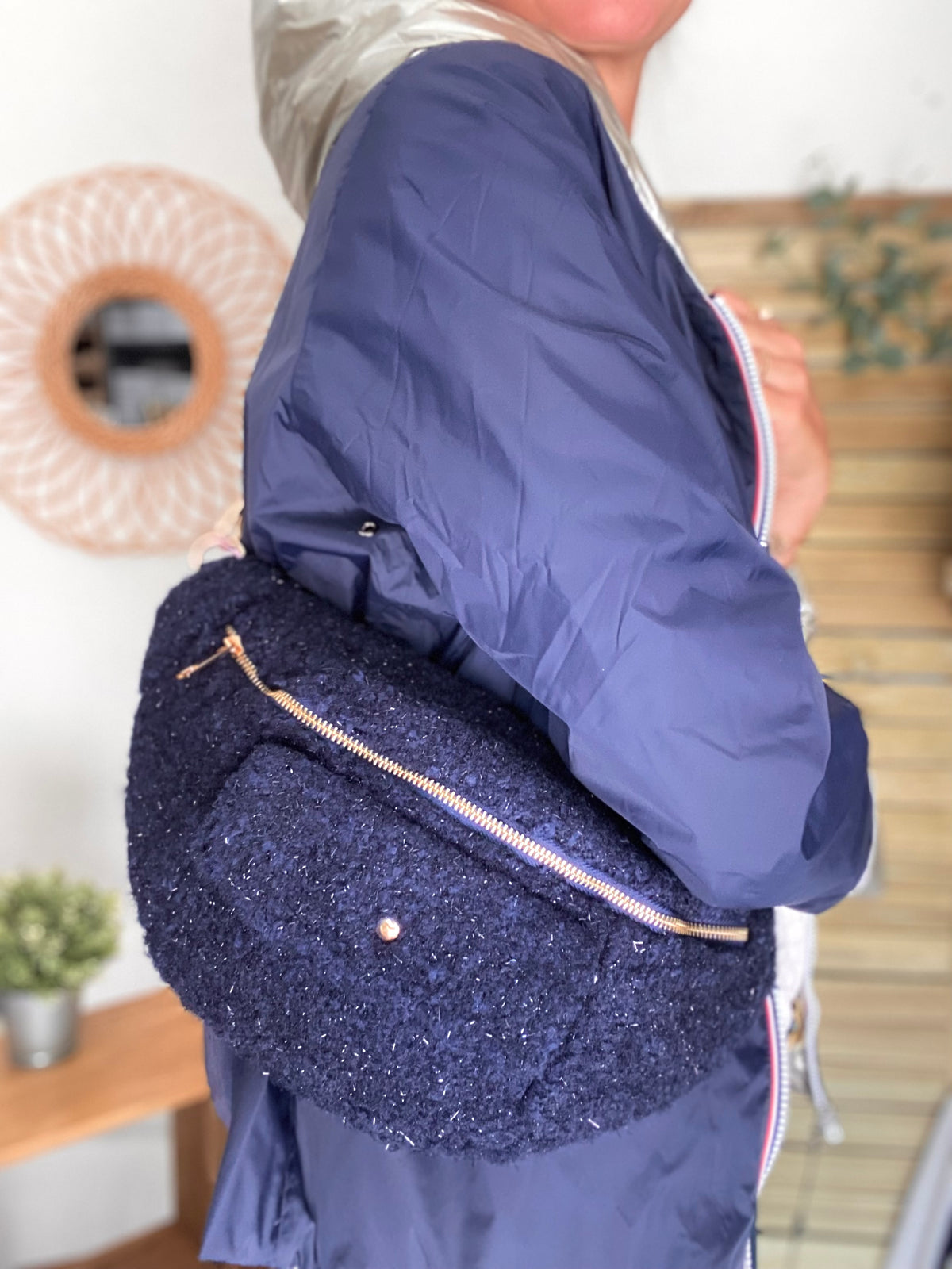 Sac banane XL moumoute lurex avec poche avant - CHELSEA - Marine - FIN DE SÉRIE