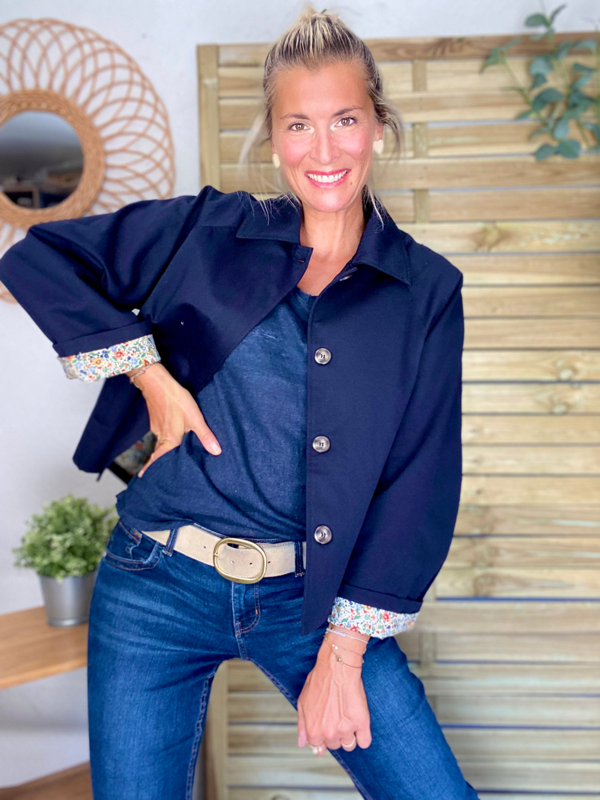 Veste Trench en coton bleu marine avec Liberty - MAHAUT- LILI et LALA