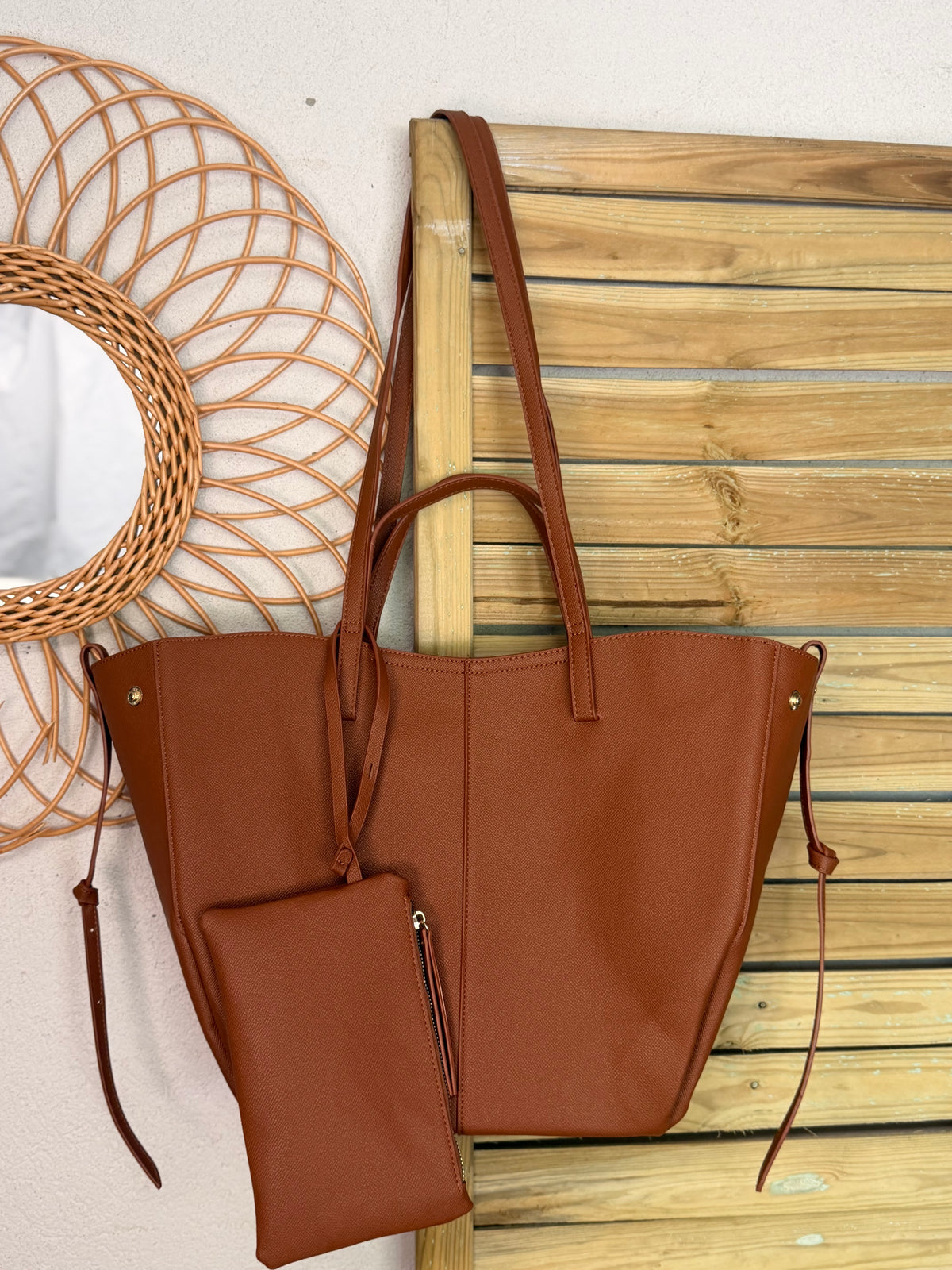 Grand Sac cabas 2 en 1 en simili cuir grainé - PAULE Camel grainé