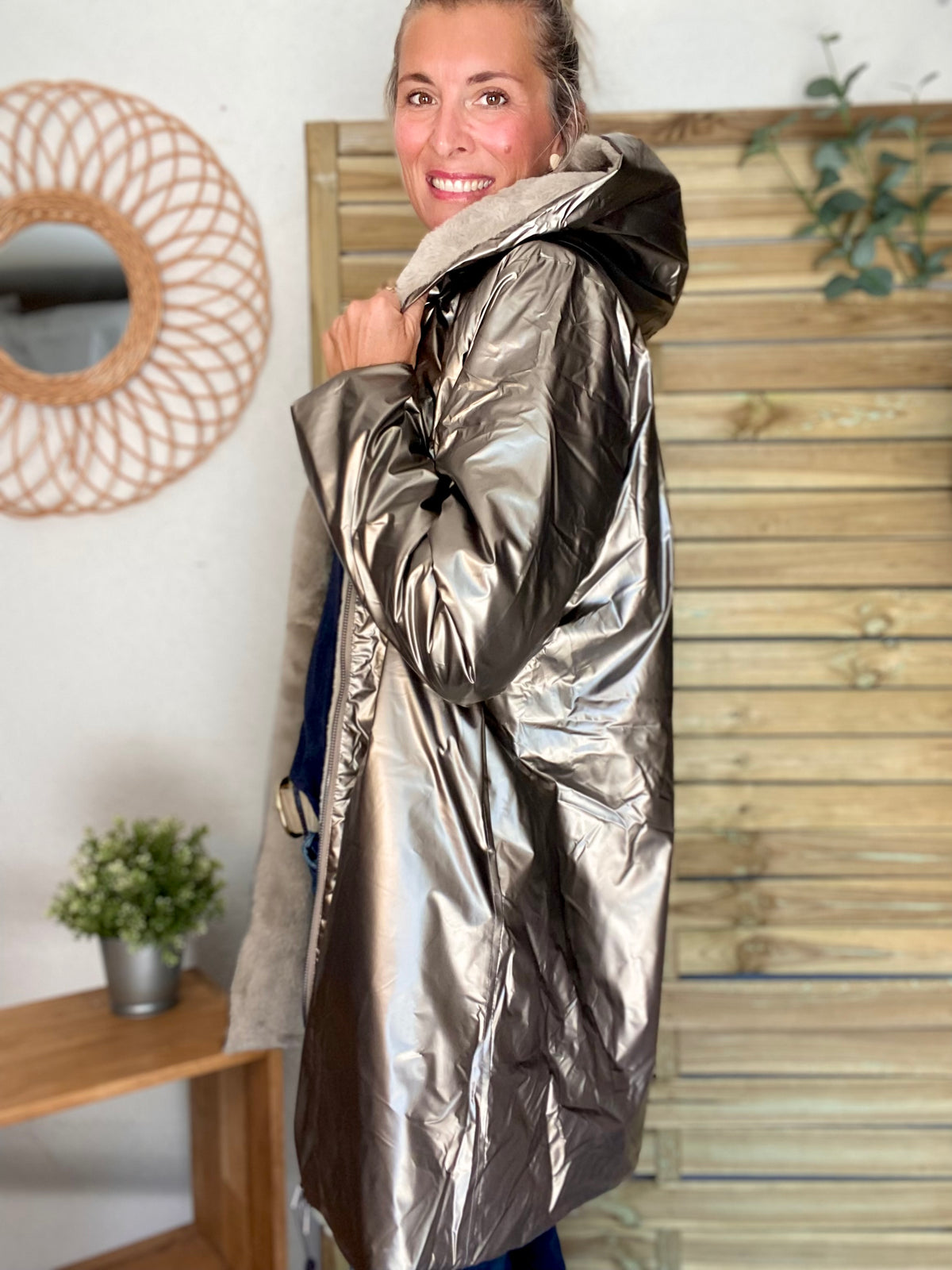 LAURA JO - Parka Imperméable réversible fourrée Bronze / Beige ALIX Long