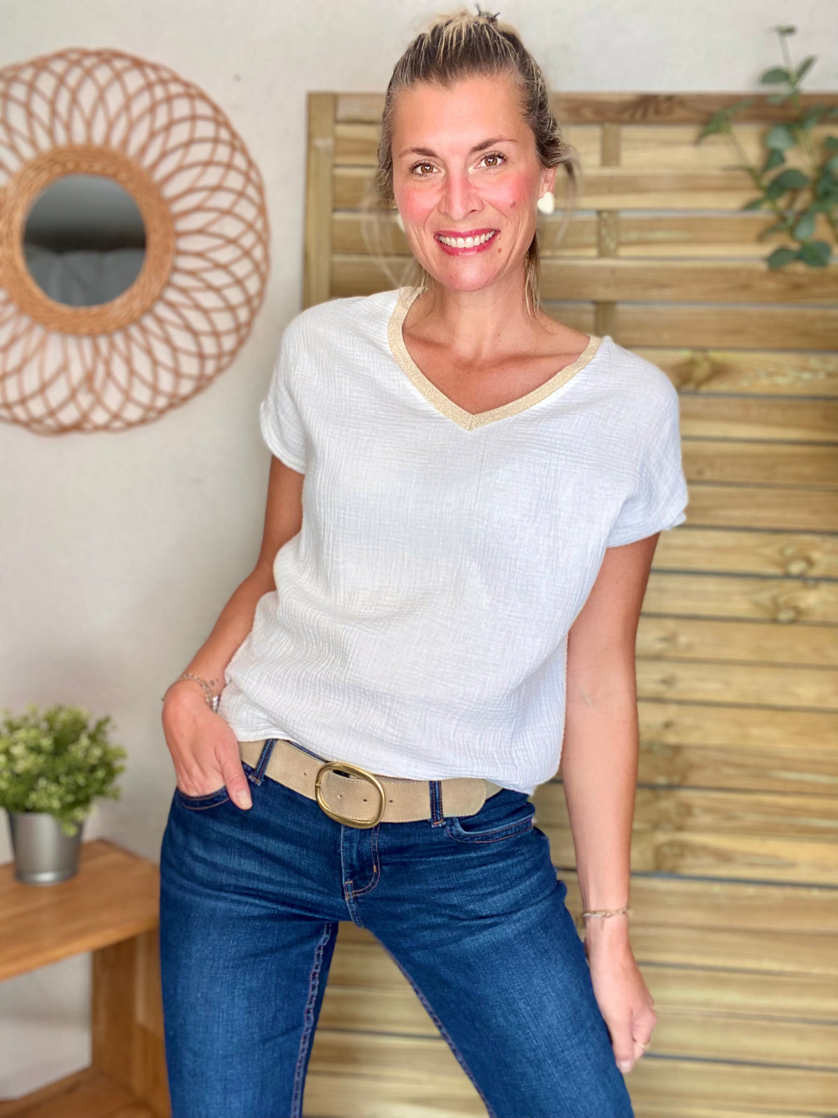 Top en gaze de coton et lurex MARTA - Blanc
