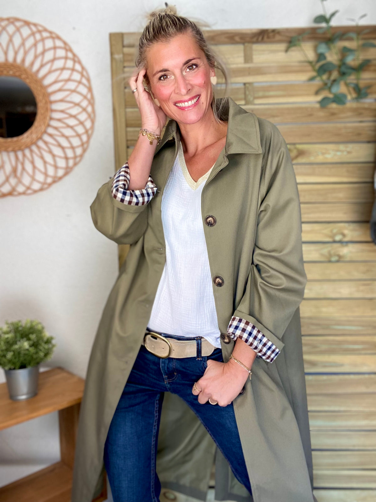 Veste Trench en coton, revers carreaux - YSEULT long Kaki