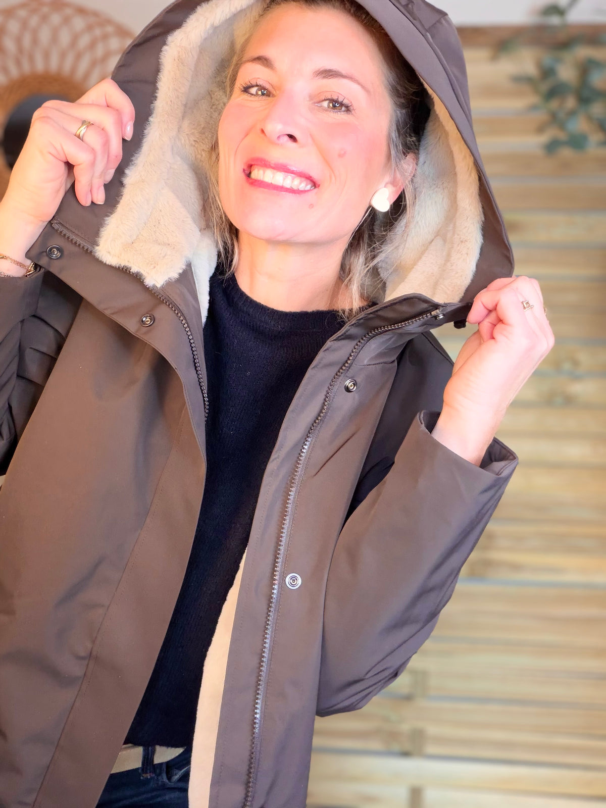 LAURA JO - Parka fourrée imperméable AMBRE LONG - Chocolat / Beige