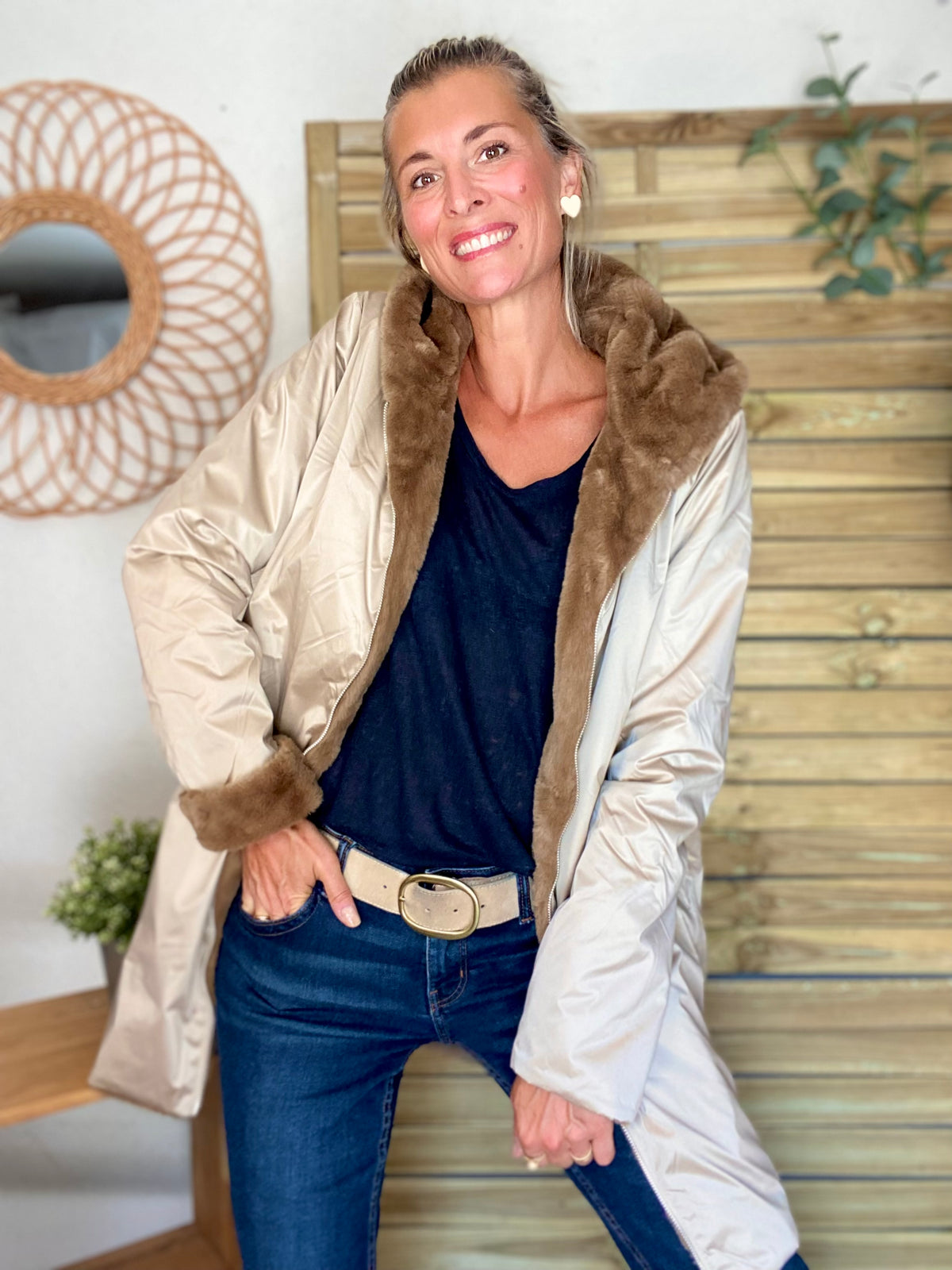 LAURA JO - Parka Imperméable réversible fourrée Sable irisé / Camel ALIX Long