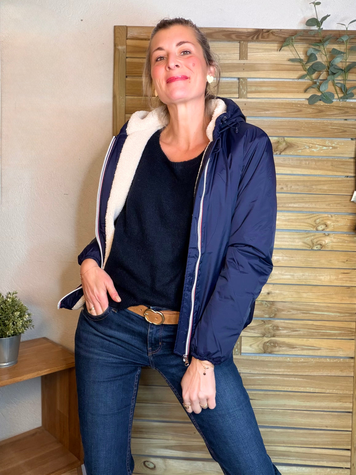 LAURA JO - Parka Imperméable LOUISE COURT sherpa - Bleu marine • DÉSTOCKAGE Taille L