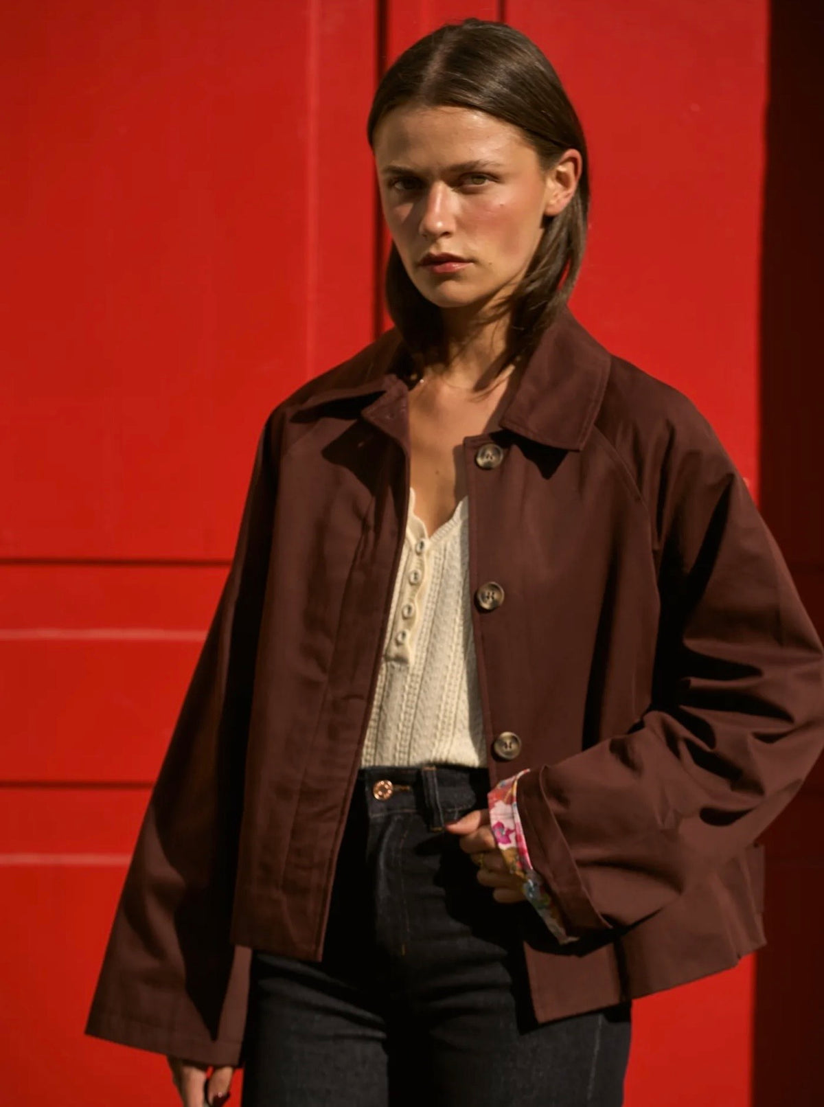 Veste Trench en coton Bordeaux fleuri - MAHAUT - LILI et LALA