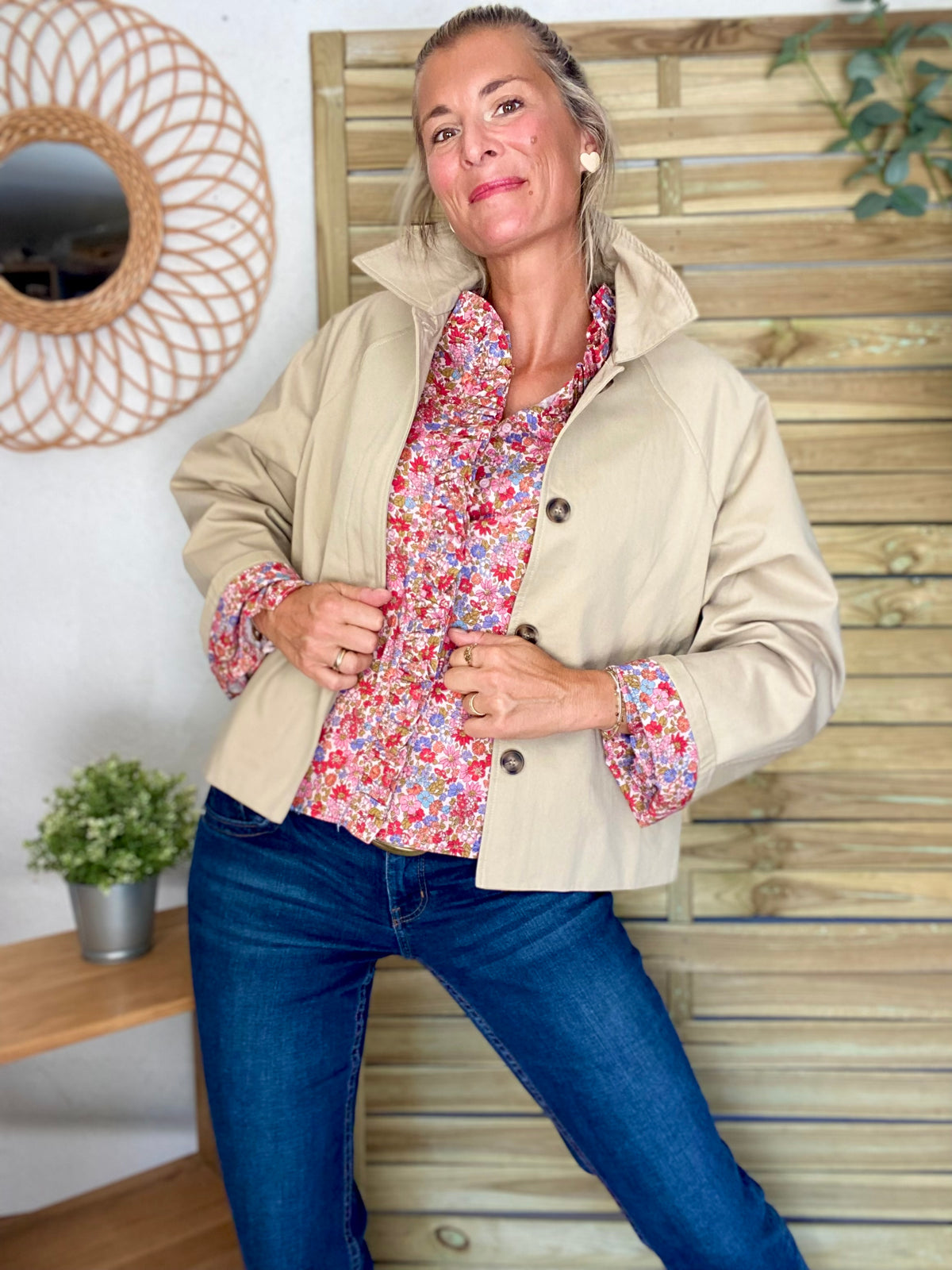 Veste Trench en coton beige avec Liberty - MAHAUT - LILI et LALA