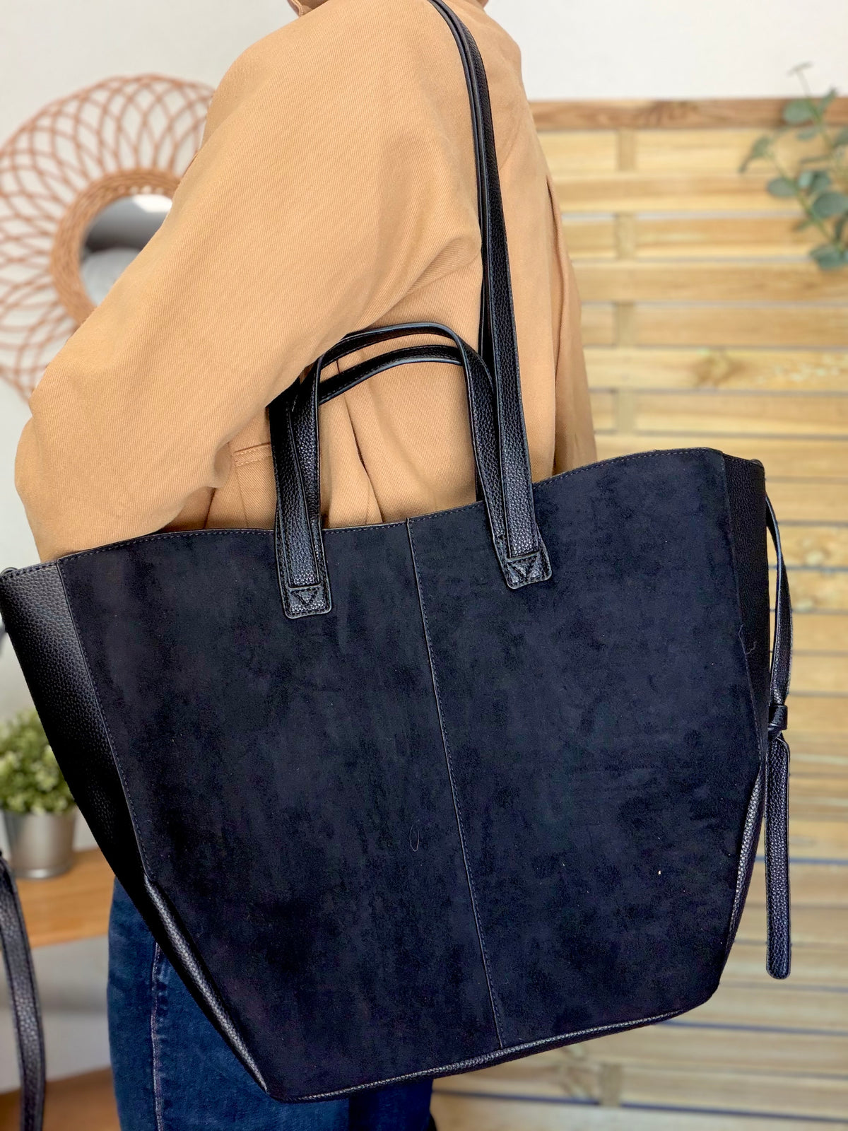 Grand Sac cabas 2 en 1 en simili daim - LAURÈNE Noir