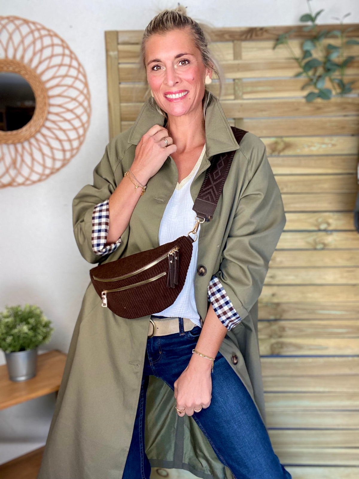 Veste Trench en coton, revers carreaux - YSEULT long Kaki
