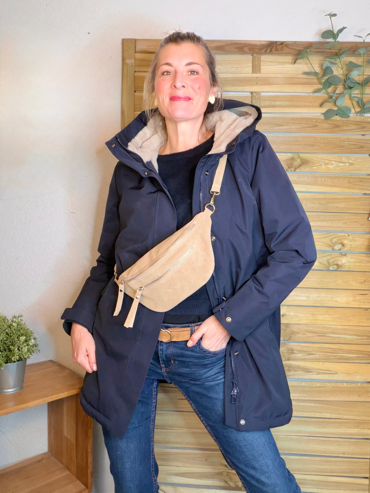 LAURA JO - Parka fourrée imperméable AMBRE LONG - Bleu marine / Beige