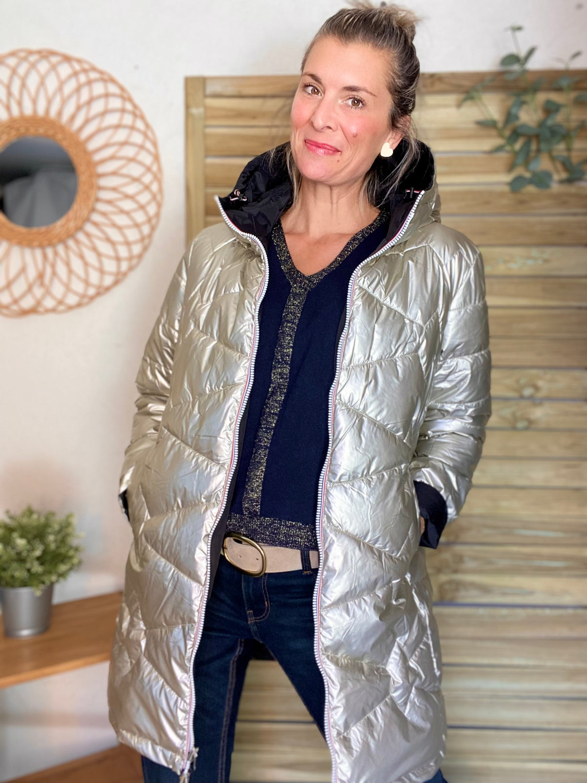 LAURA JO - Doudoune réversible imperméable longue INÈS - Noir / Doré - FIN DE SÉRIE