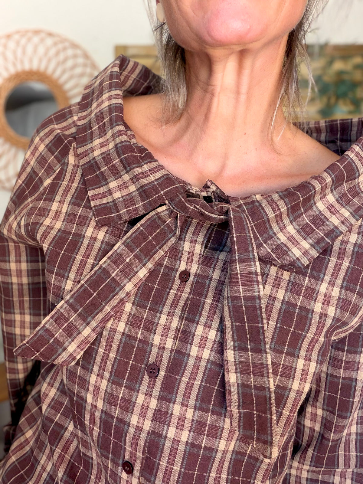Chemise motif tartan prune col lavallière large LUCILE
