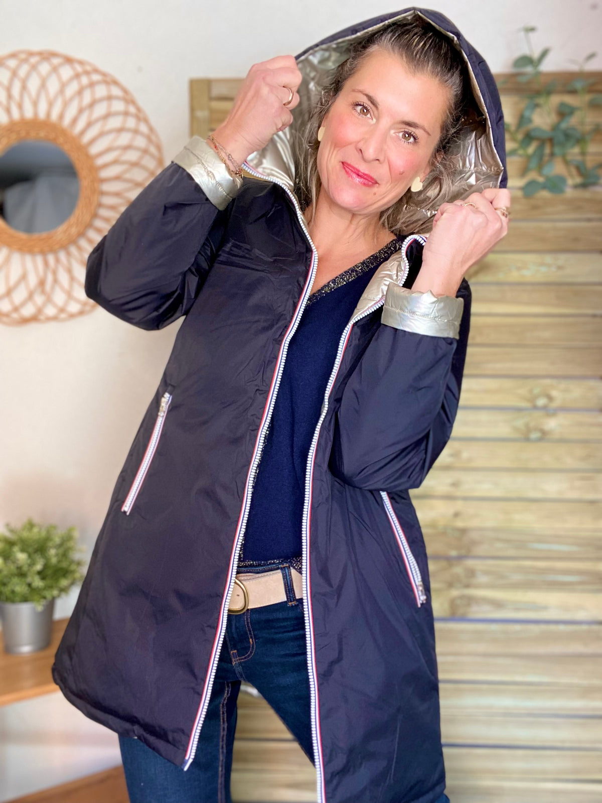 LAURA JO - Doudoune réversible imperméable longue INÈS - Noir / Doré - FIN DE SÉRIE