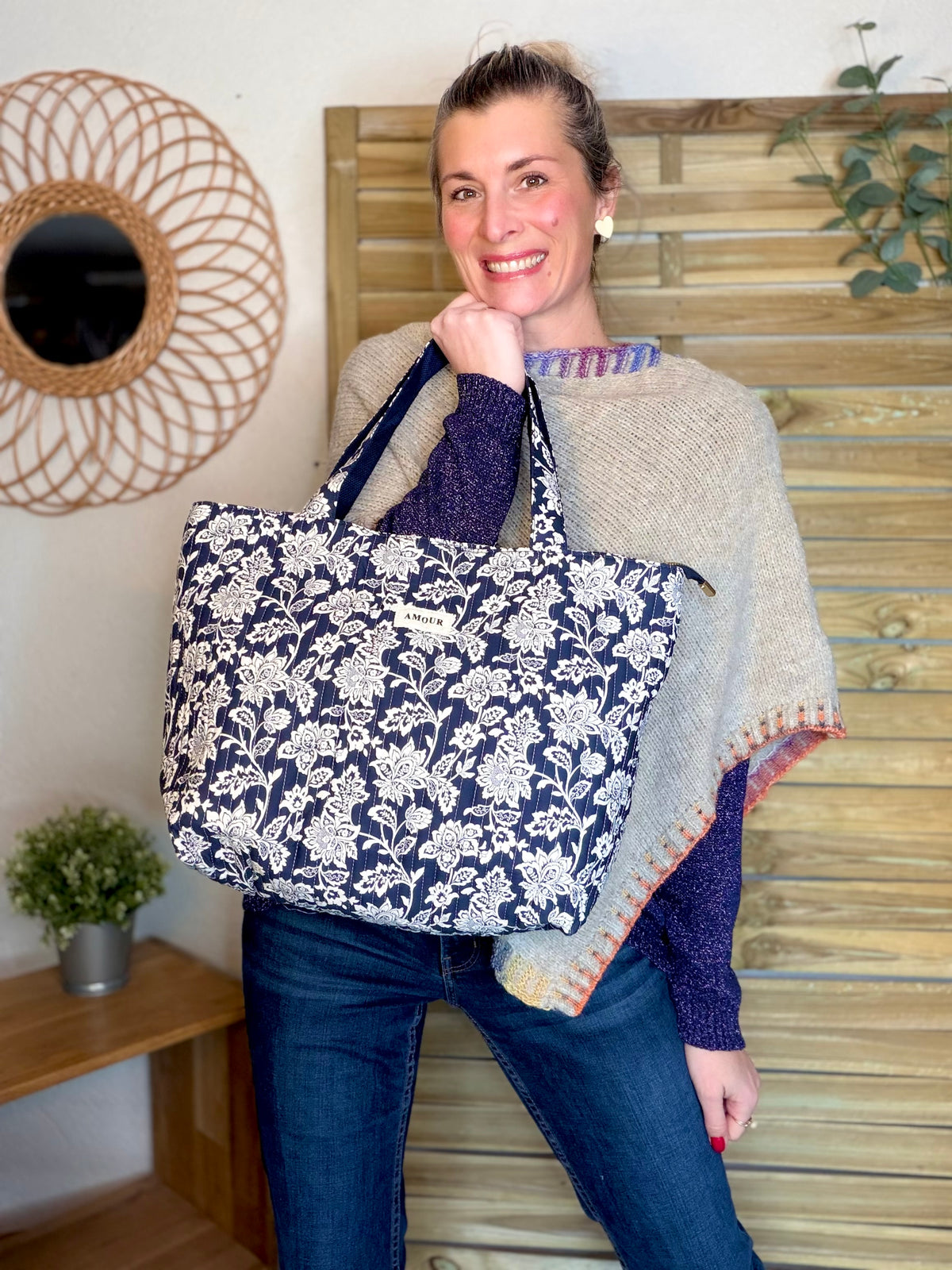 Sac cabas imprimé PIERCE - fleuri marine - FIN DE SÉRIE