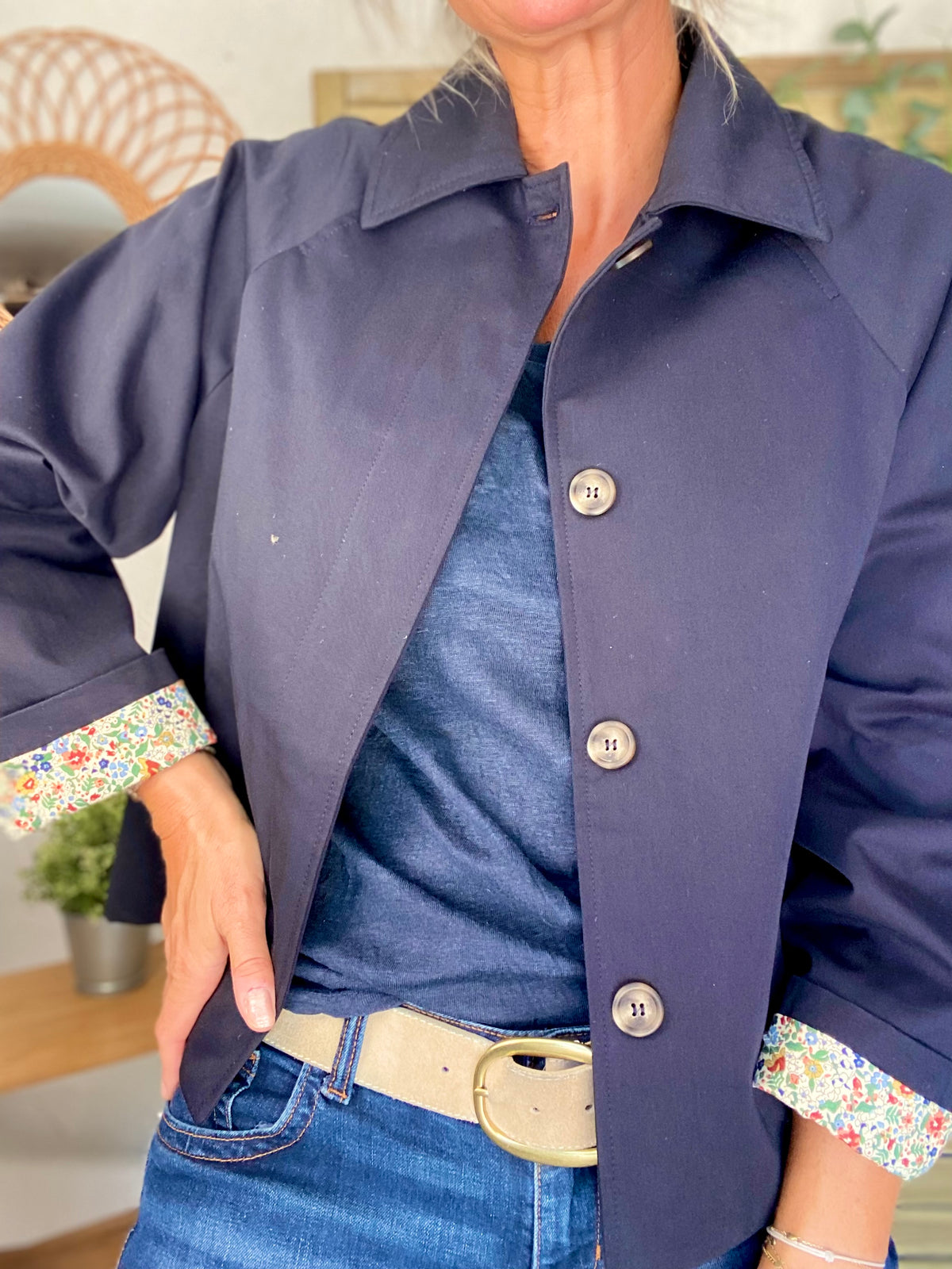 Veste Trench en coton bleu marine avec Liberty - MAHAUT- LILI et LALA