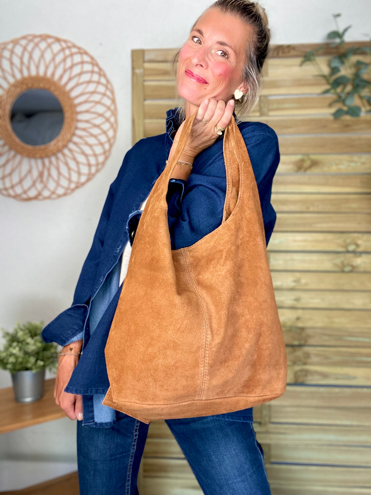 Sac cabas hobo cuir daim MARLON - Camel