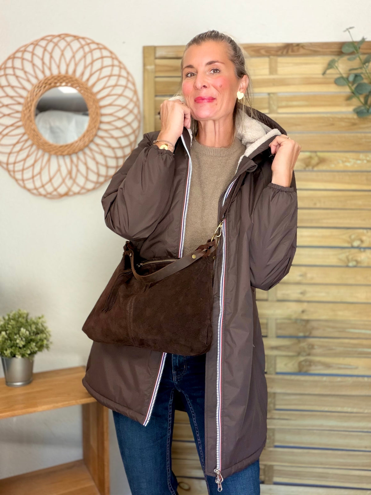 LAURA JO - Parka Imperméable LOUISE LONG Sherpa écru - Chocolat