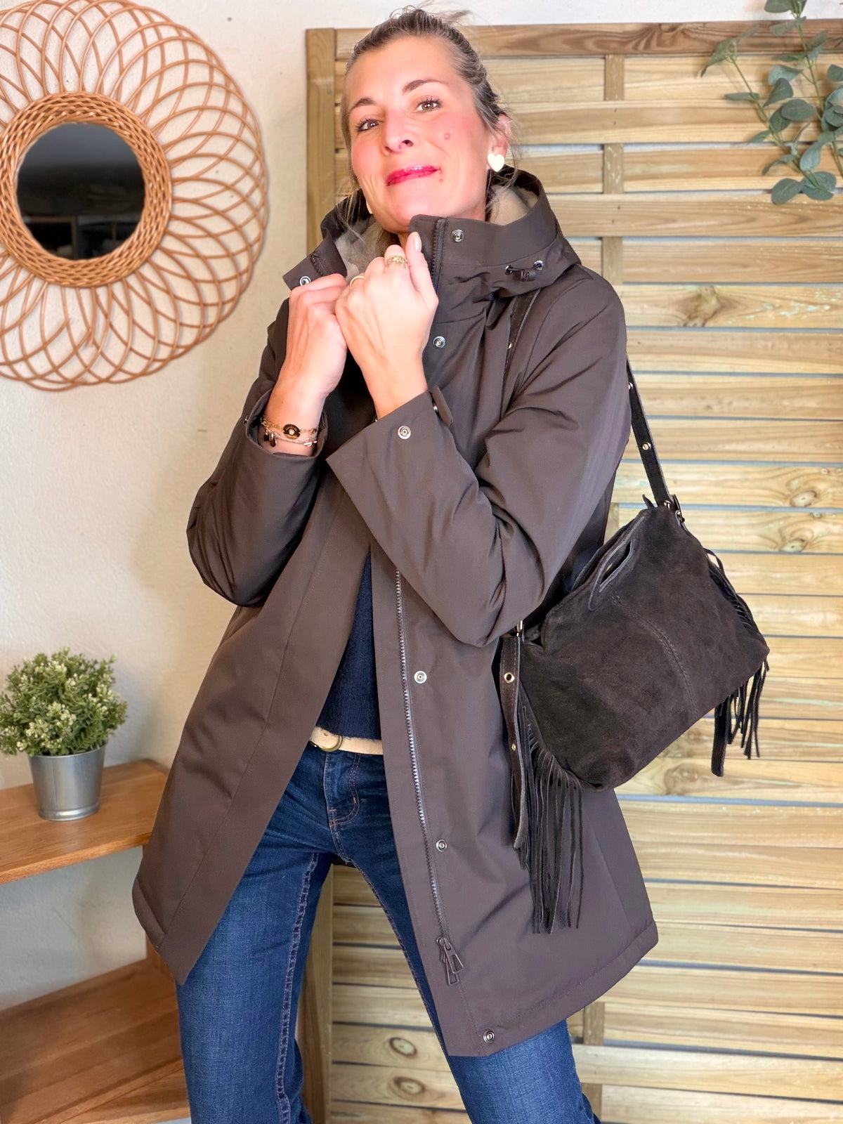 LAURA JO - Parka fourrée imperméable AMBRE LONG - Chocolat / Beige