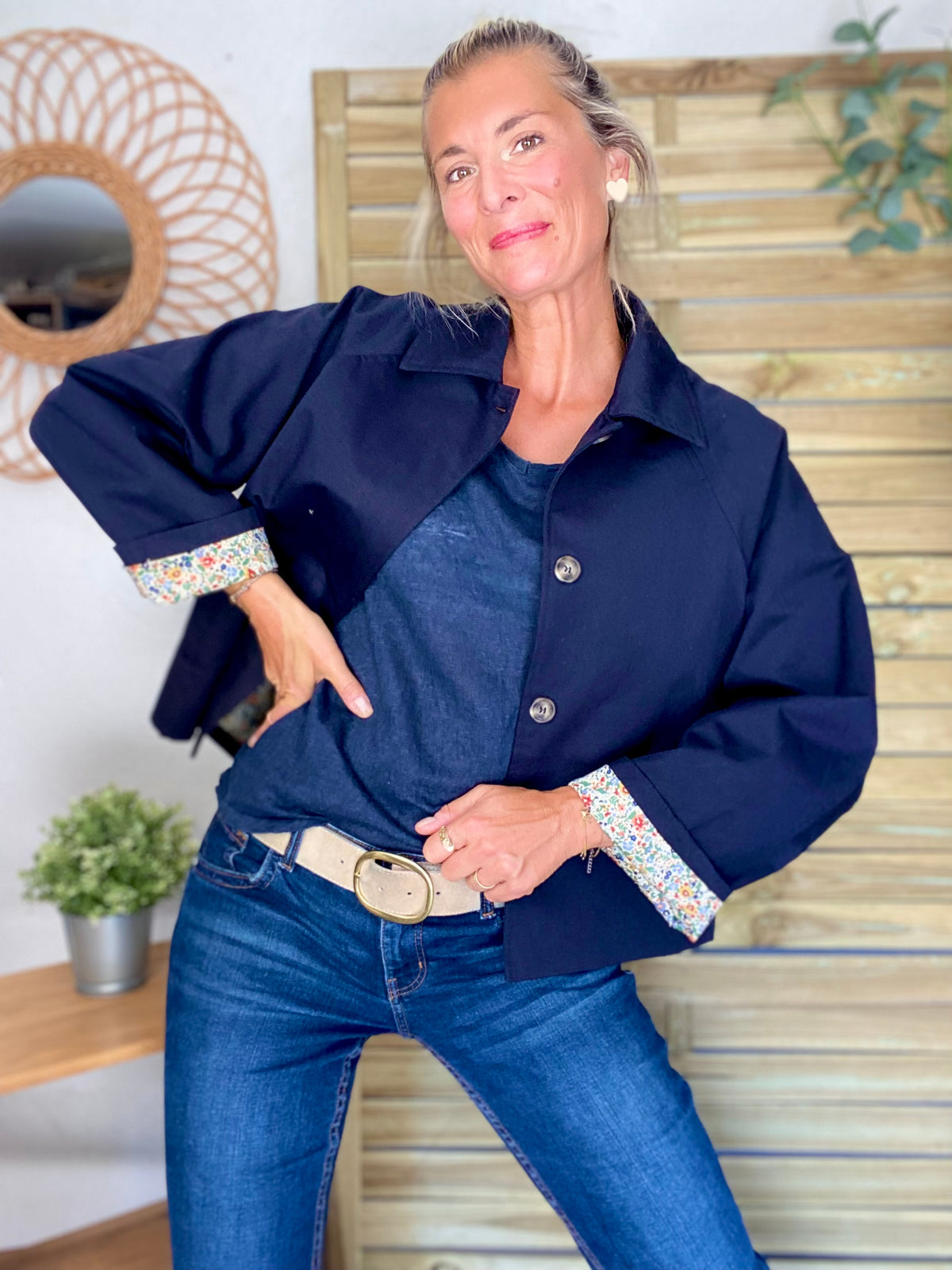 Veste Trench en coton bleu marine avec Liberty - MAHAUT- LILI et LALA