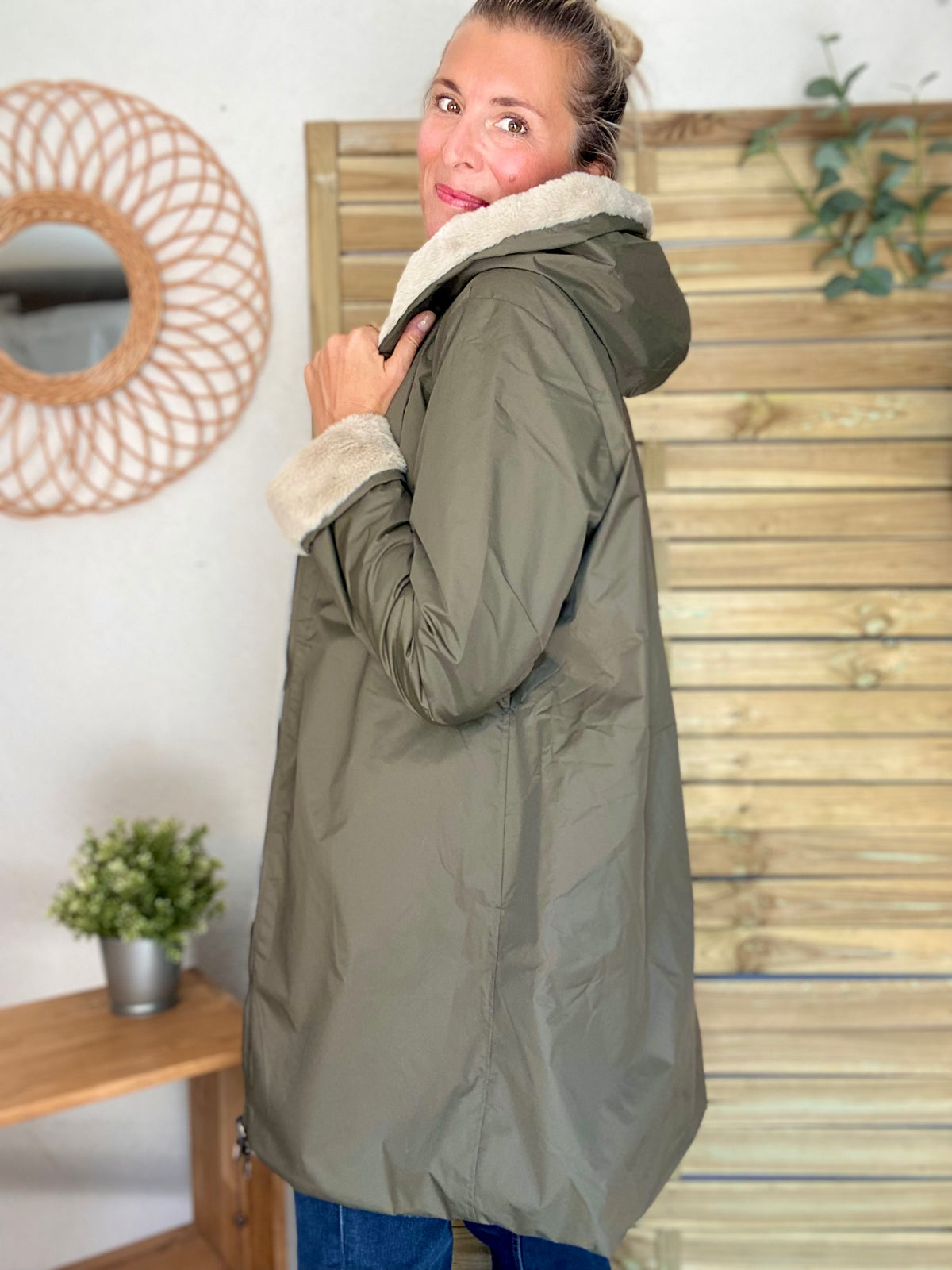 LAURA JO - Parka Imperméable réversible fourrée Kaki / Beige ALIX Long
