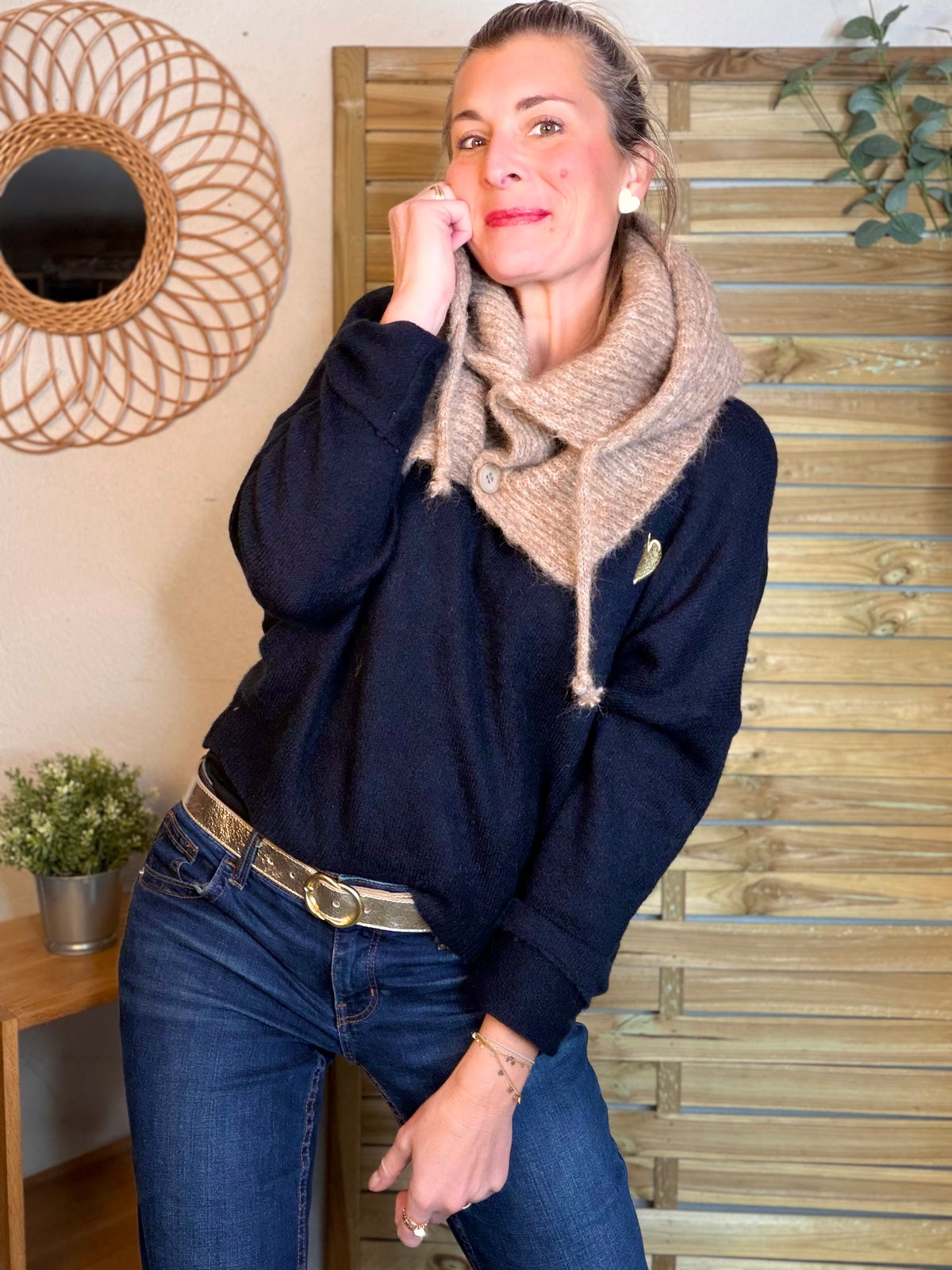 Col cagoule LORIE en maille avec boutons - Taupe