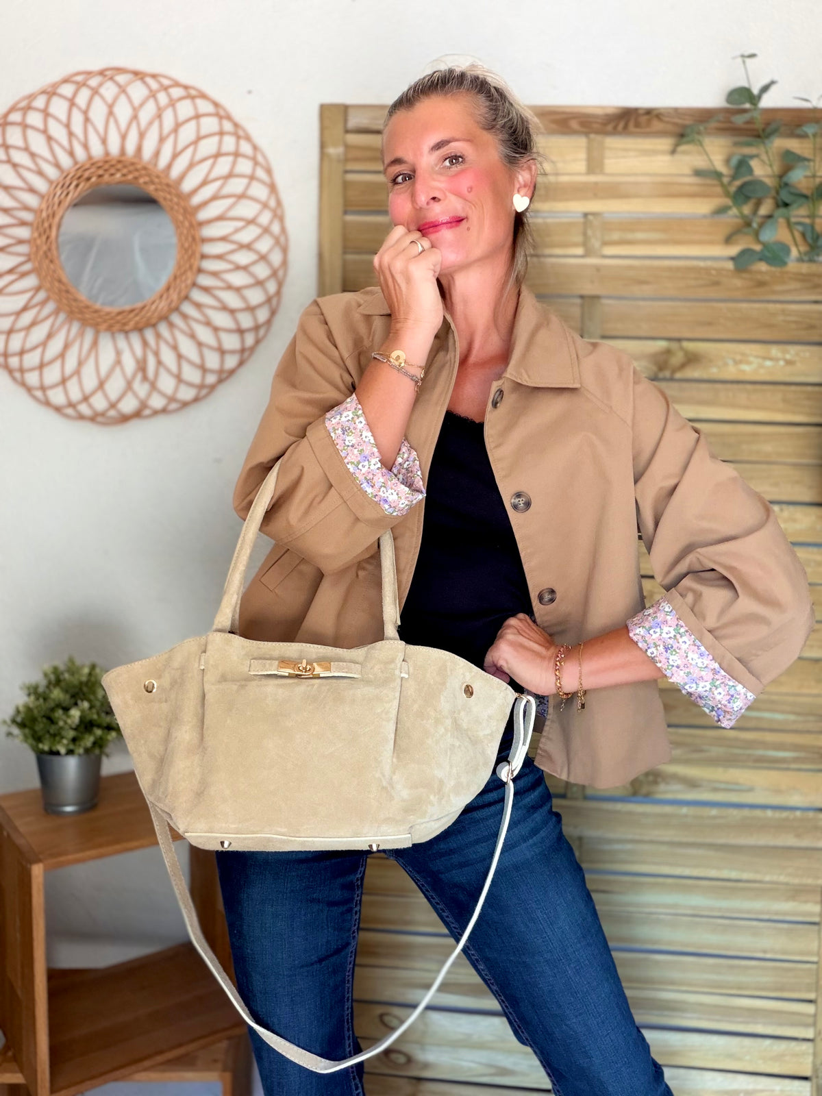 Sac cabas en cuir daim HANA - Beige