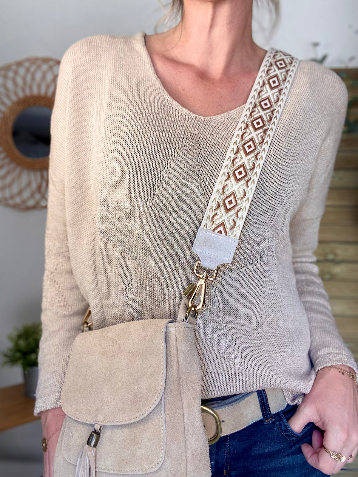 Sac bandoulière en cuir daim HORTENSE - Beige - FIN DE SÉRIE
