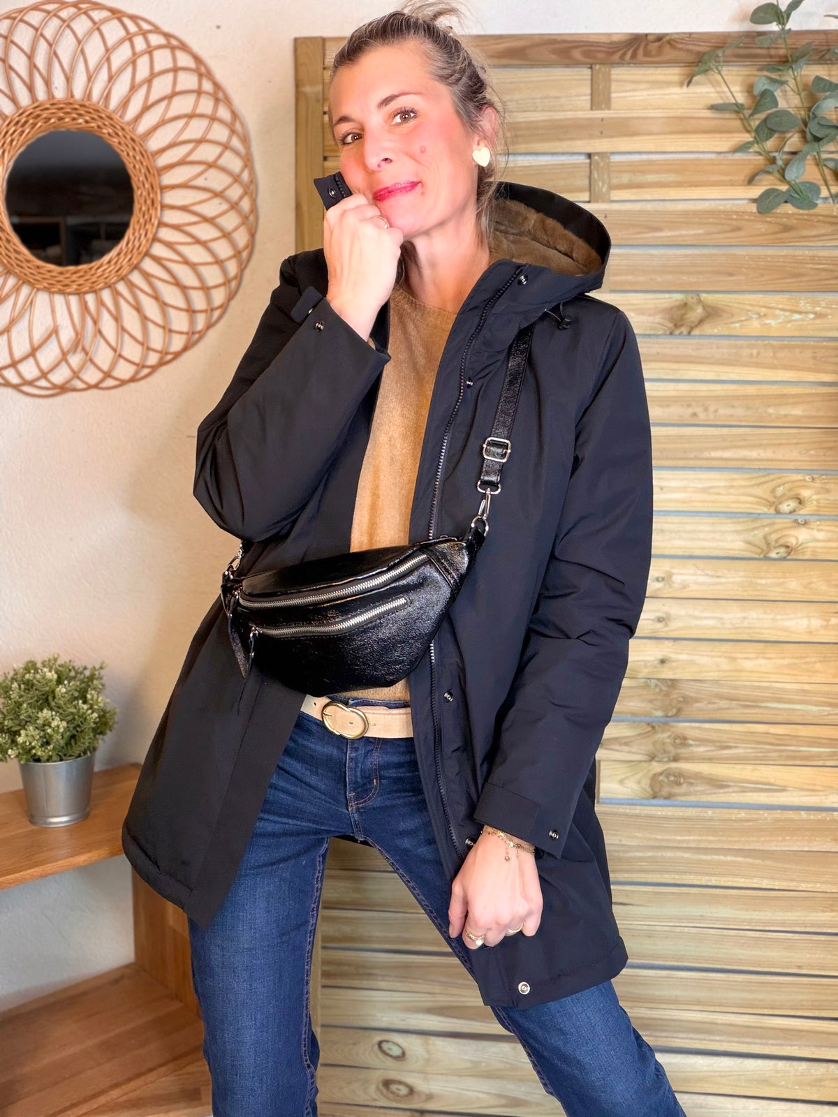 Sac banane en cuir irisé double poche - OPALE - Noir / Argent