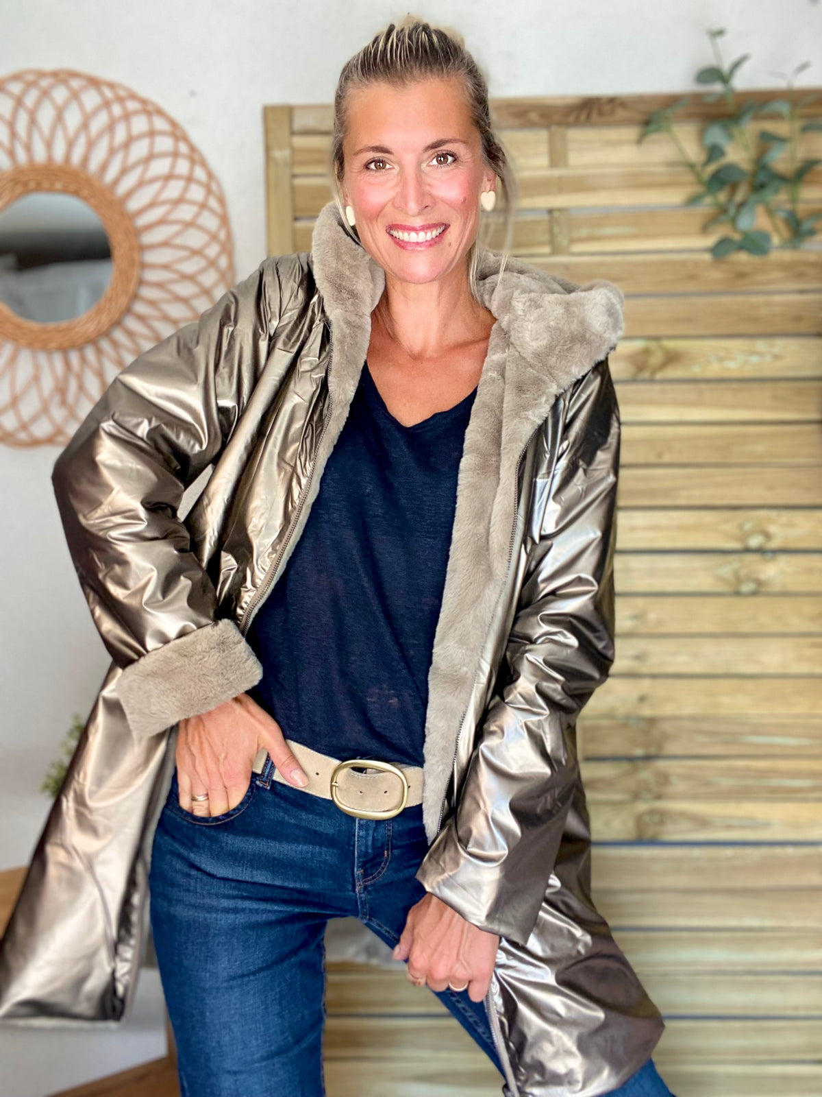 LAURA JO - Parka Imperméable réversible fourrée Bronze / Beige ALIX Long