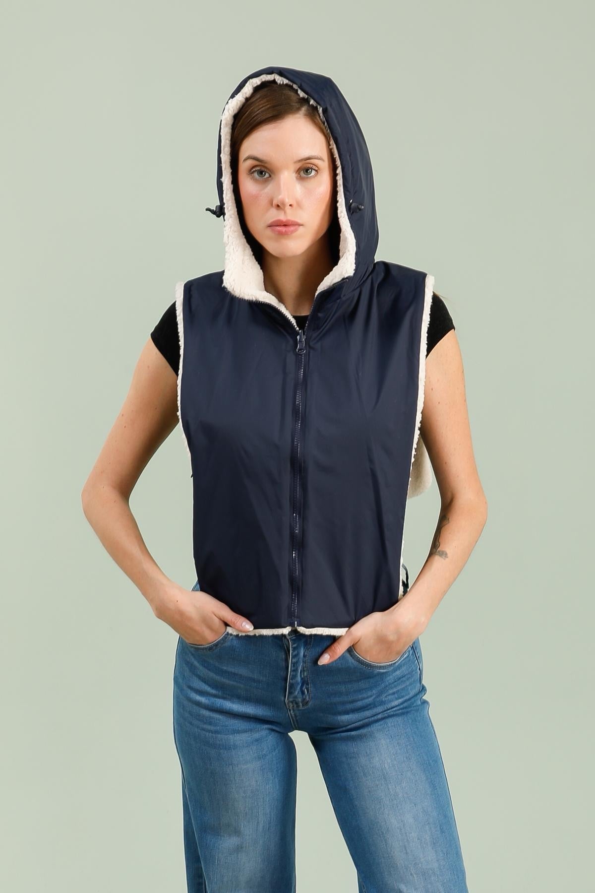 LAURA JO - Col capuche amovible réversible TONY - Bleu marine / Sherpa écru
