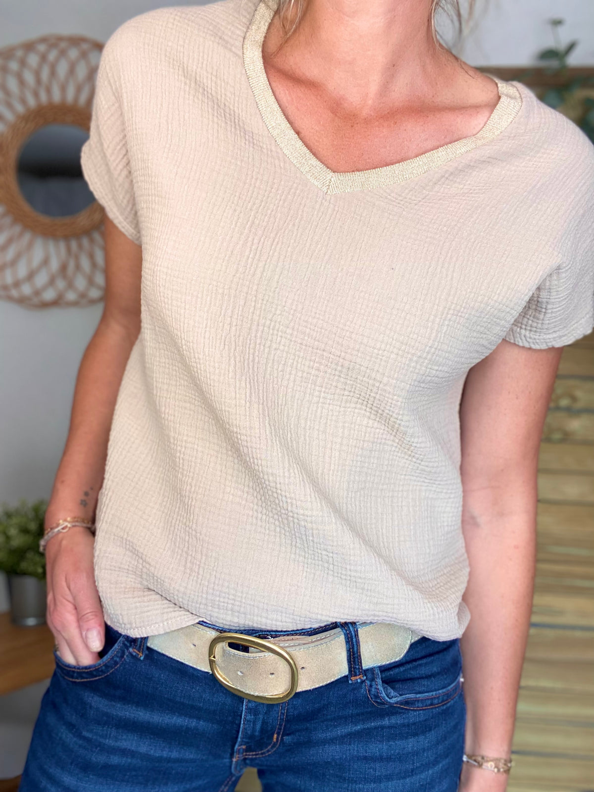 Top en gaze de coton et lurex MARTA - Beige