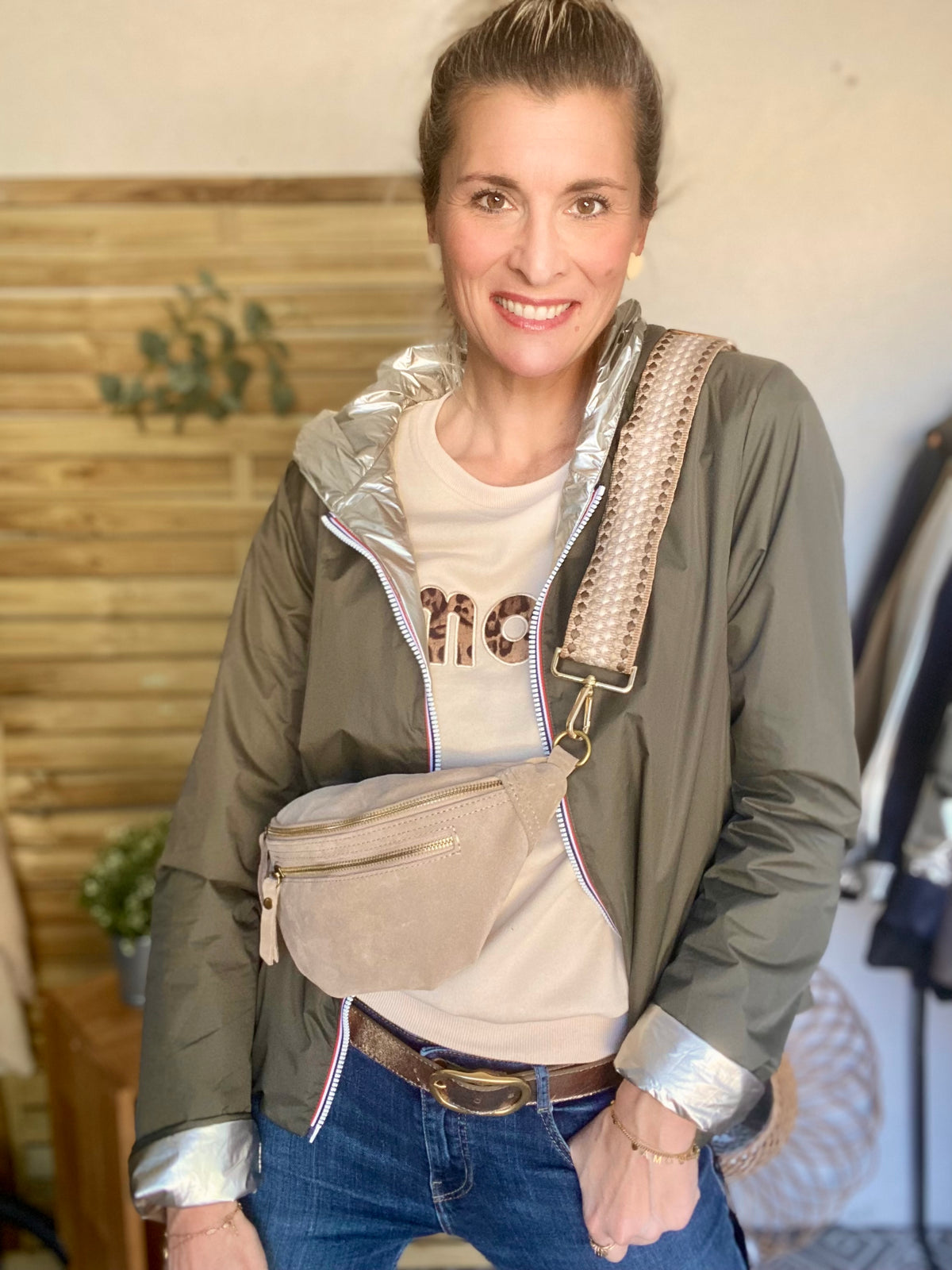 Sac banane double poche en cuir daim - OPALINE - Beige