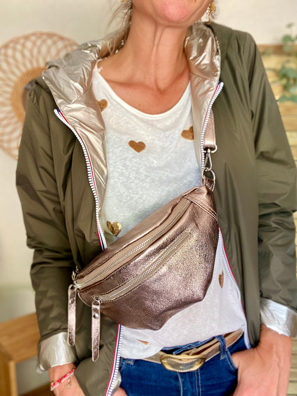 Sac banane en cuir irisé double poche - OPALE - Bronze / argent