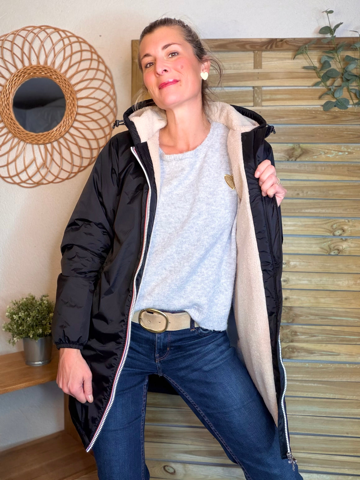 LAURA JO - Parka Imperméable LOUISE LONG Sherpa écru - Noir • DÉSTOCKAGE sur Taille L
