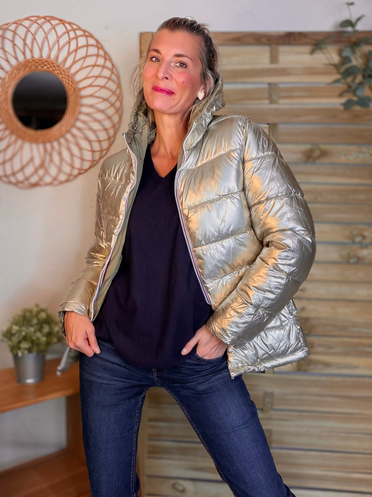 Doudoune imperméable réversible ANGÈLE COURT - Kaki clair - MELYA MELODY (DÉSTOCKAGE sur Taille S)