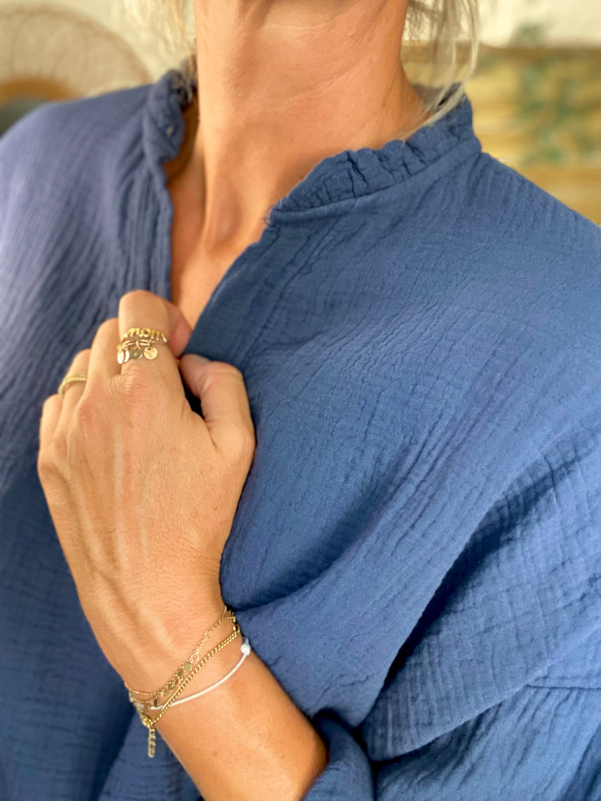 Blouse en gaze de coton SIERRA Bleu marine - manches longues • FIN DE SÉRIE