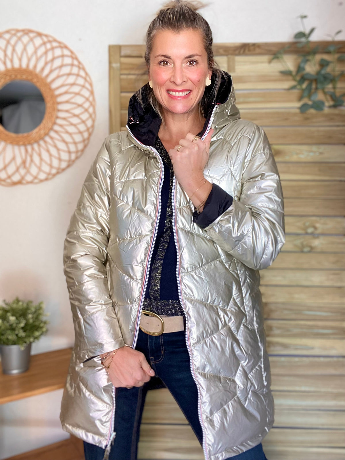 LAURA JO - Doudoune réversible imperméable longue INÈS - Noir / Doré - FIN DE SÉRIE