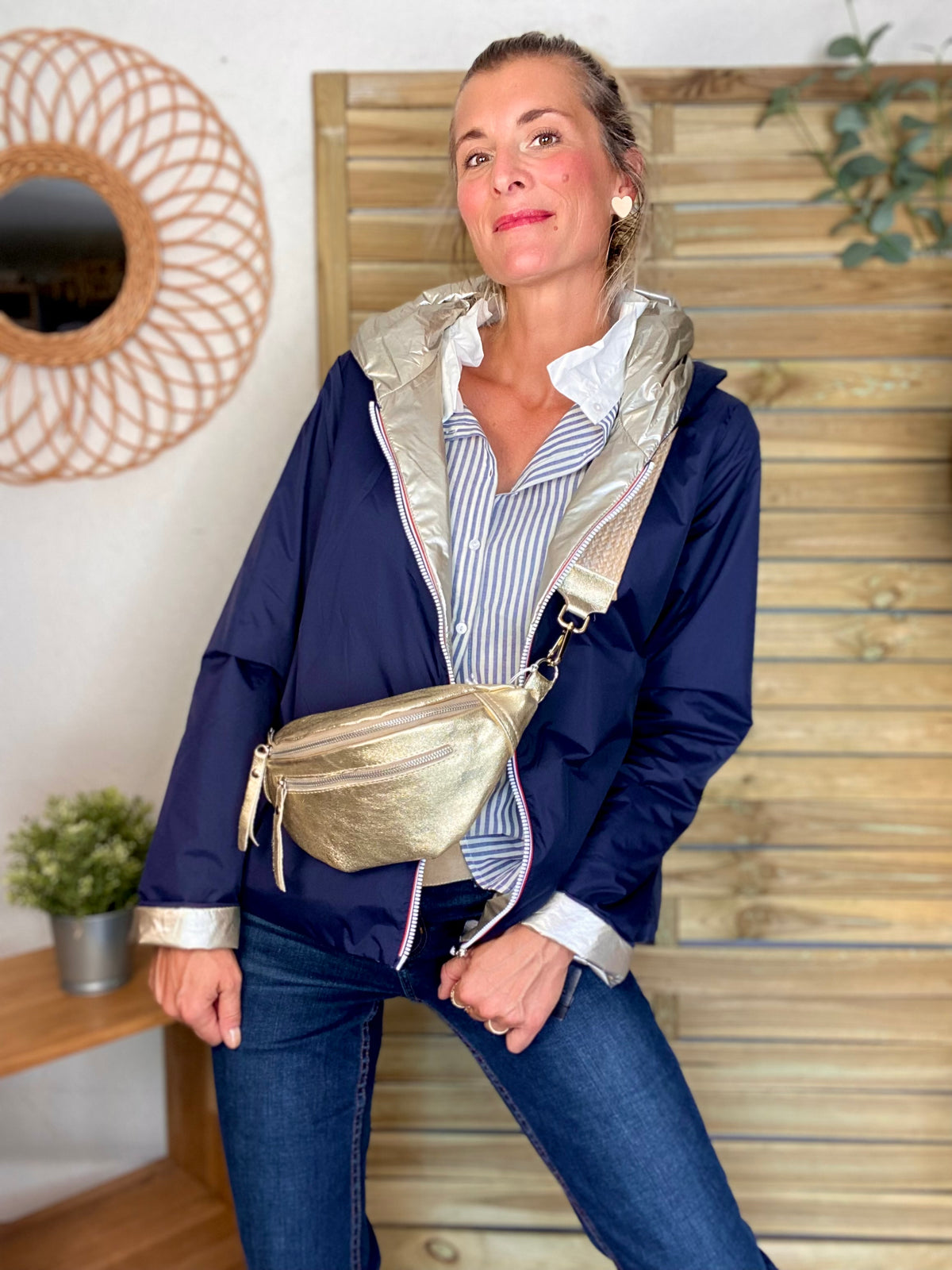 Sac banane en cuir irisé double poche - OPALE - Doré / doré