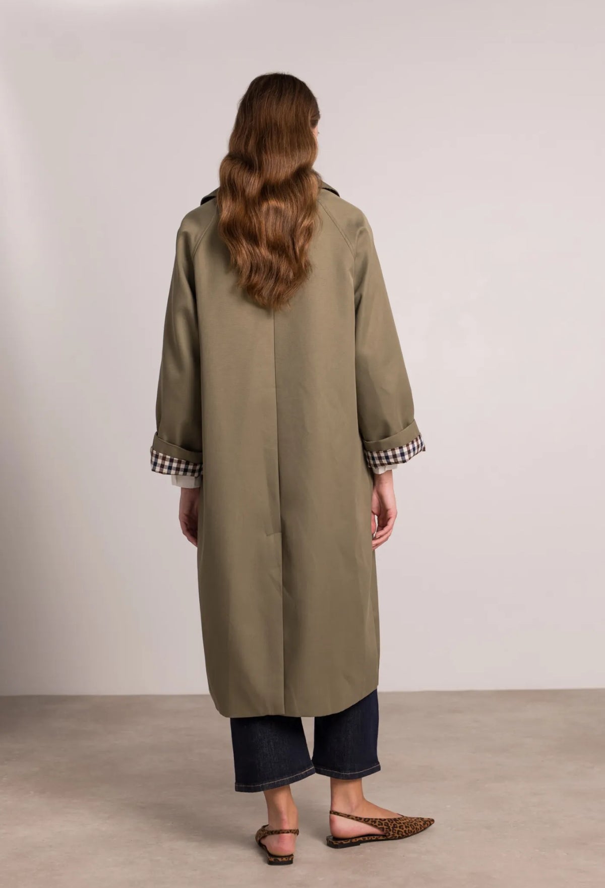 Veste Trench en coton, revers carreaux - YSEULT long Kaki