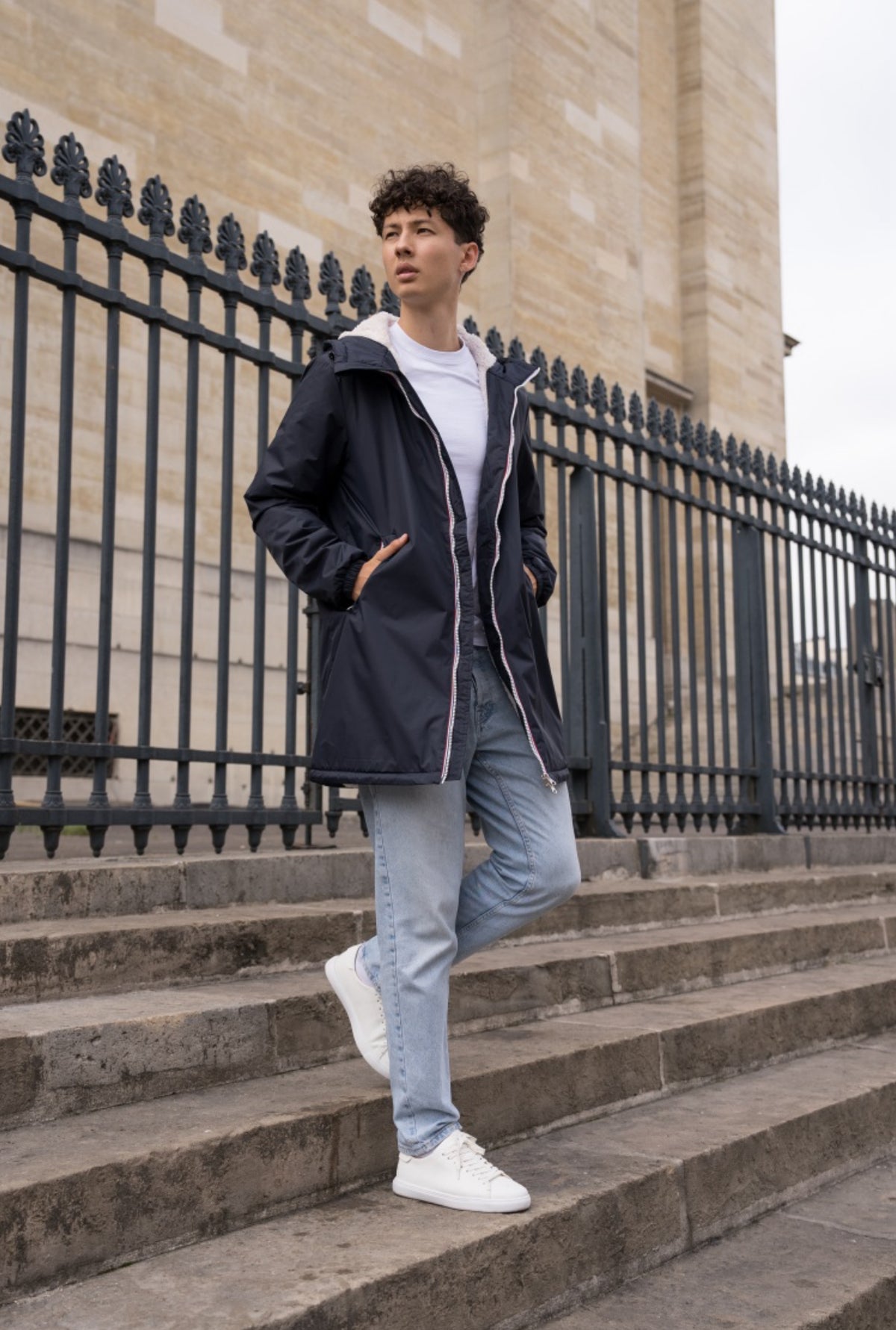 LAURA JO - Parka Imperméable Homme LOUIS* LONG Bleu marine / sherpa écru • DÉSTOCKAGE sur Taille S