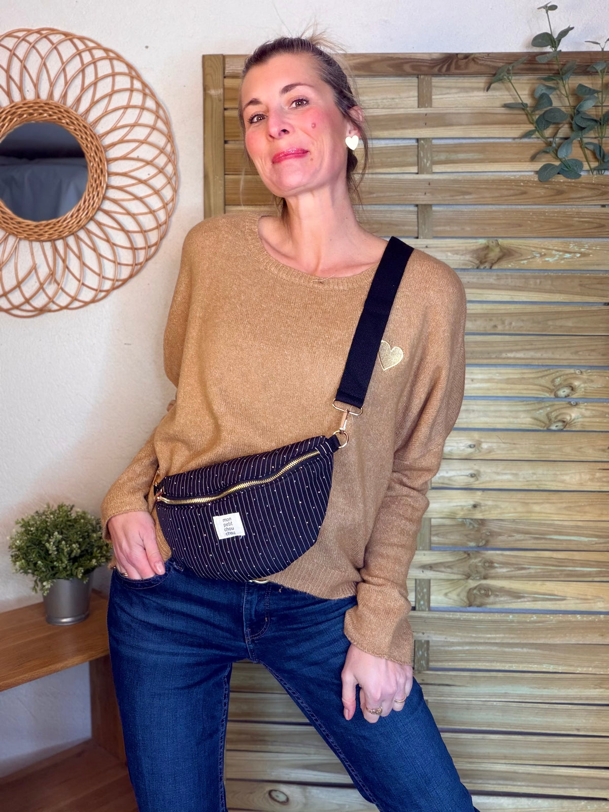 Sac banane avec strass BONNIE - Rayée noir