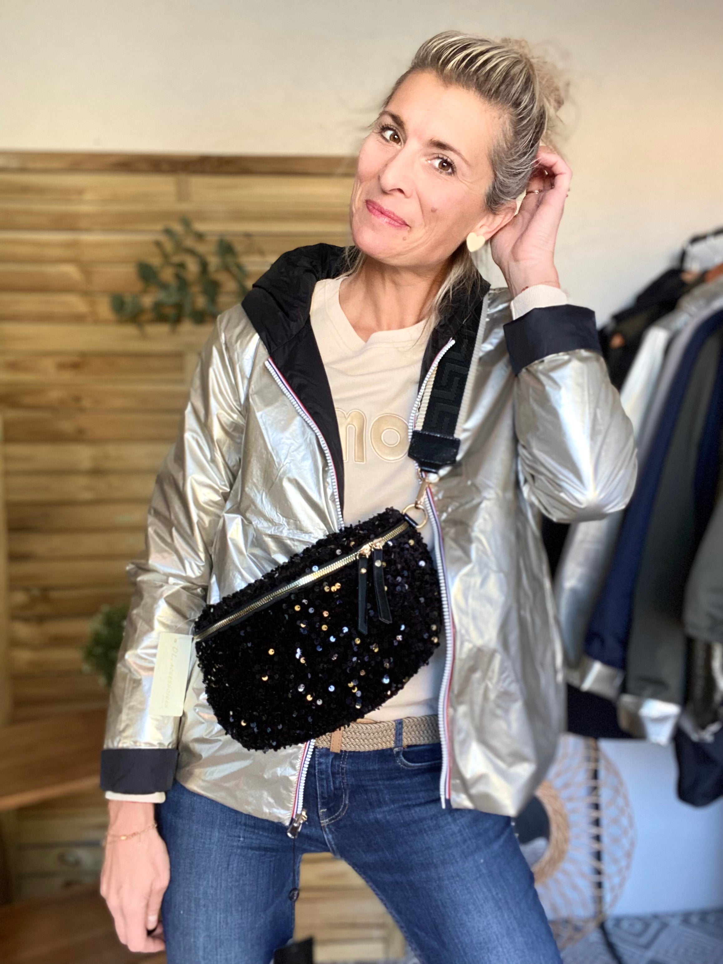 Sac banane L à sequins 30cm et sangle fantaisie - ROXY - Noir