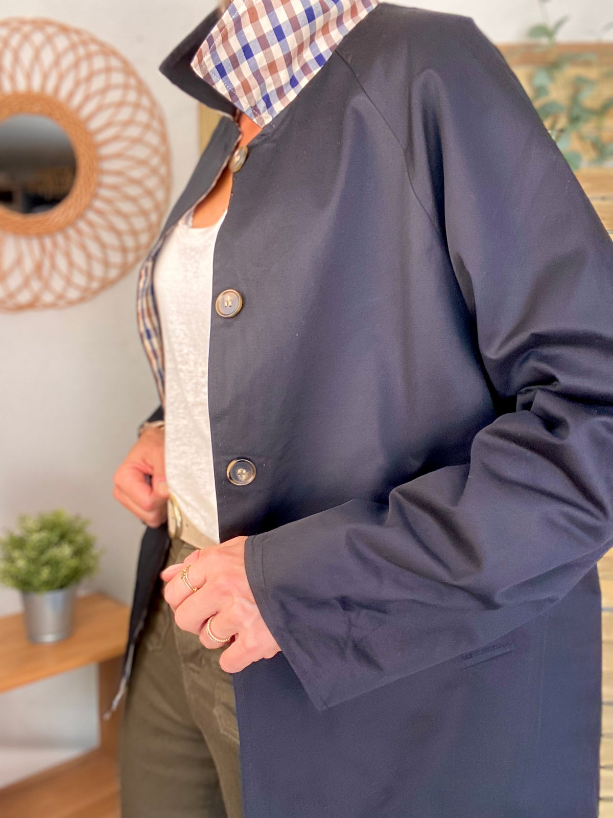 Veste Trench mi long réversible vichy LENA Noir - FIN DE SÉRIE